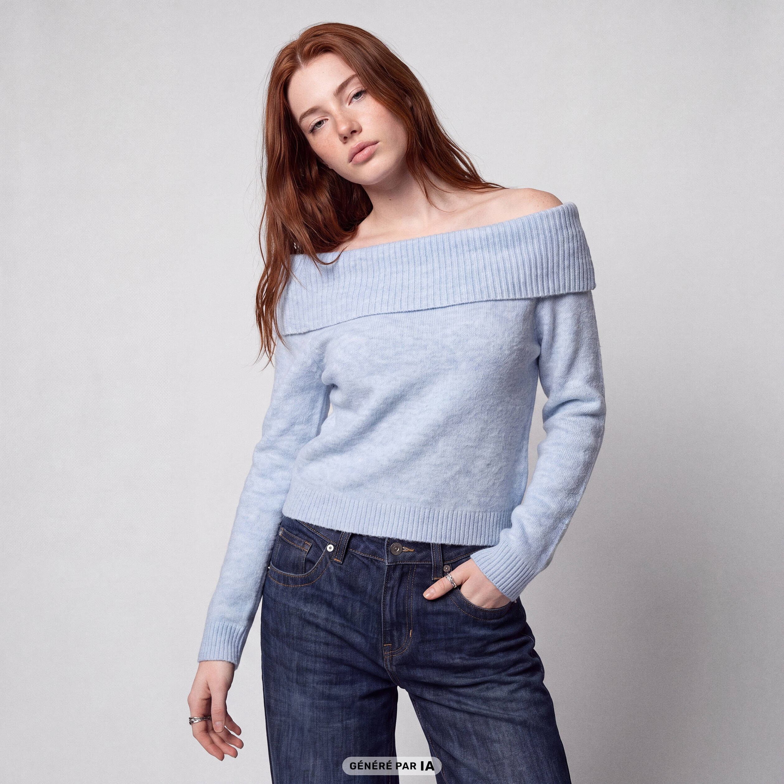 Pull col bardot manches longues bleu ciel