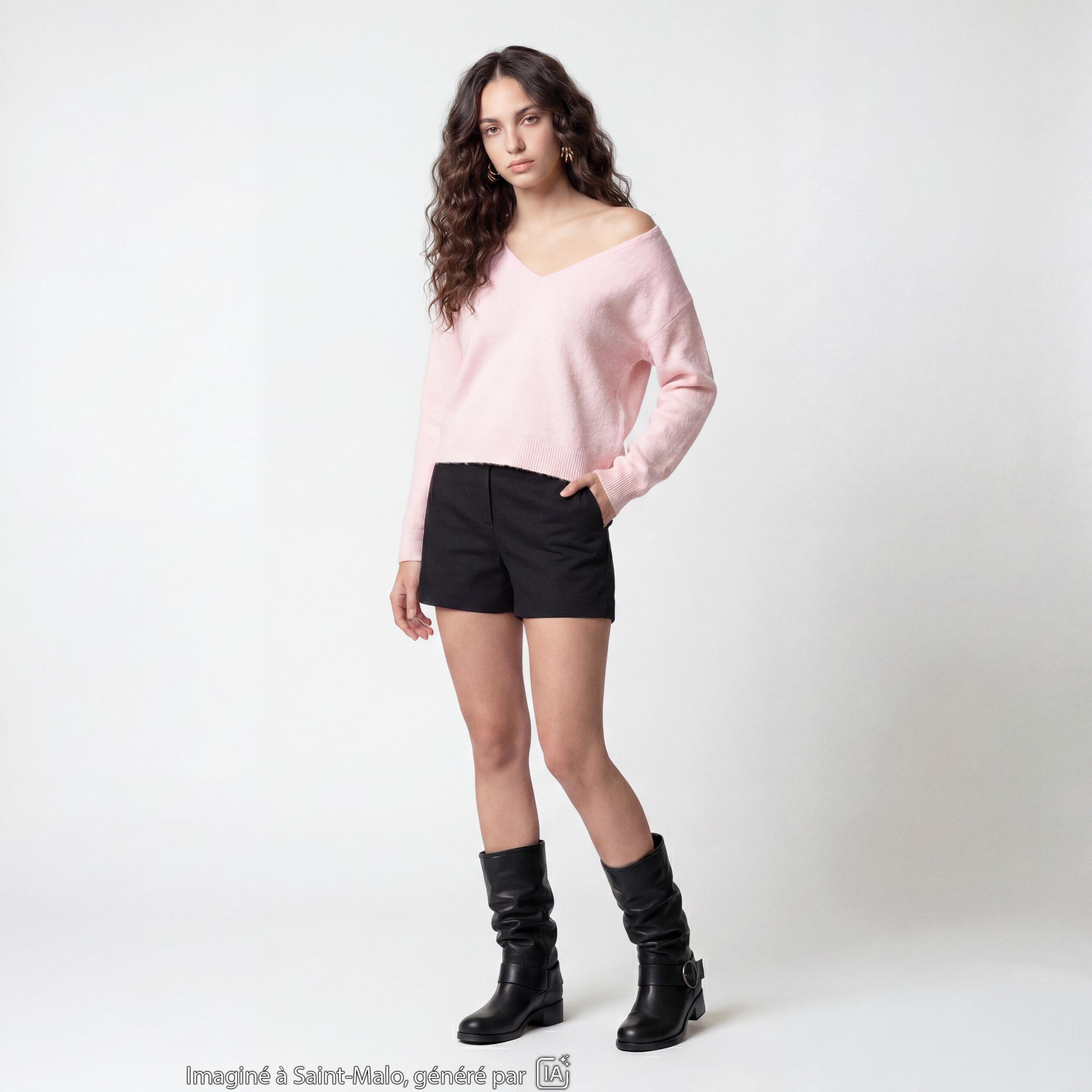 Pull col v manches longues rose clair