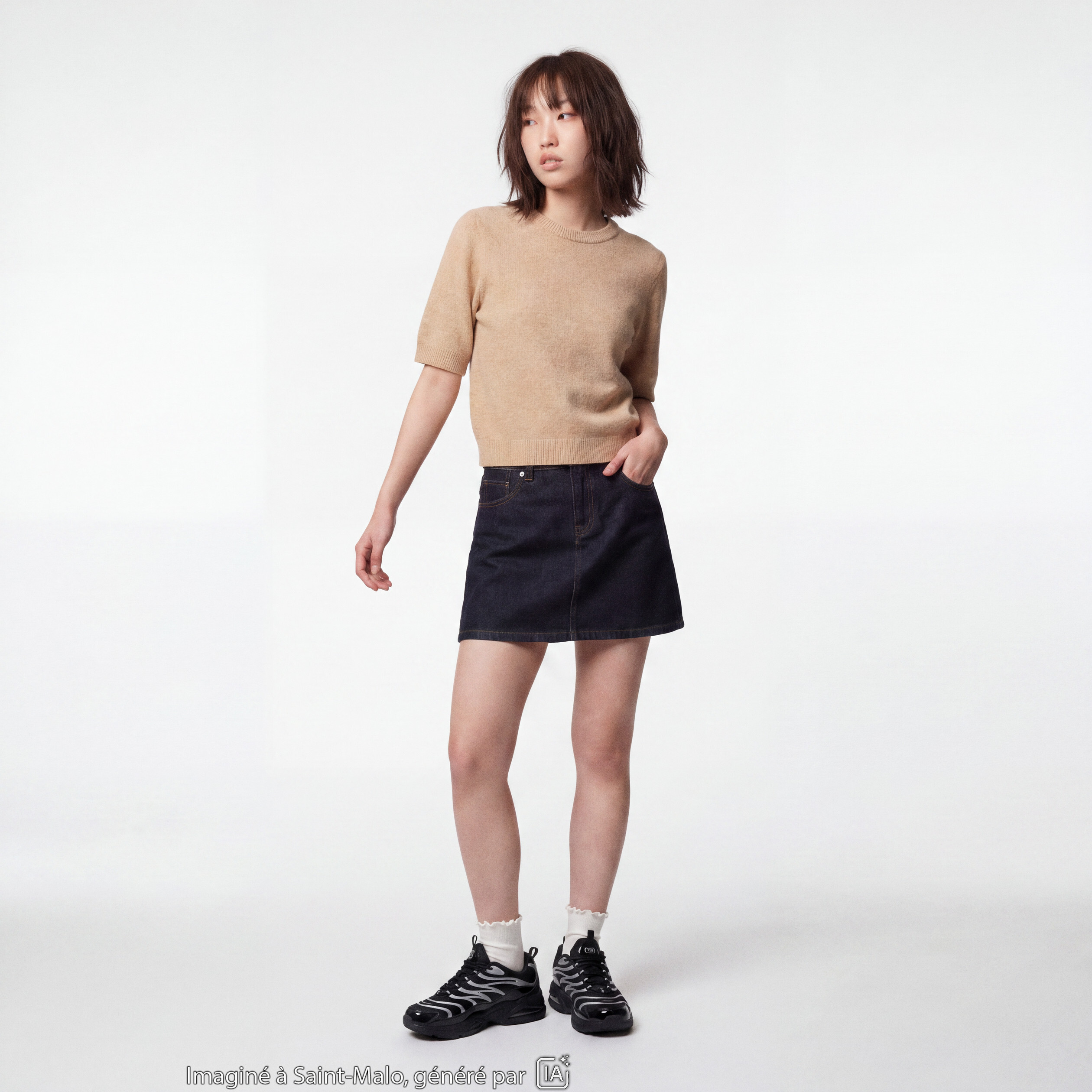 Pull col rond manches courtes beige