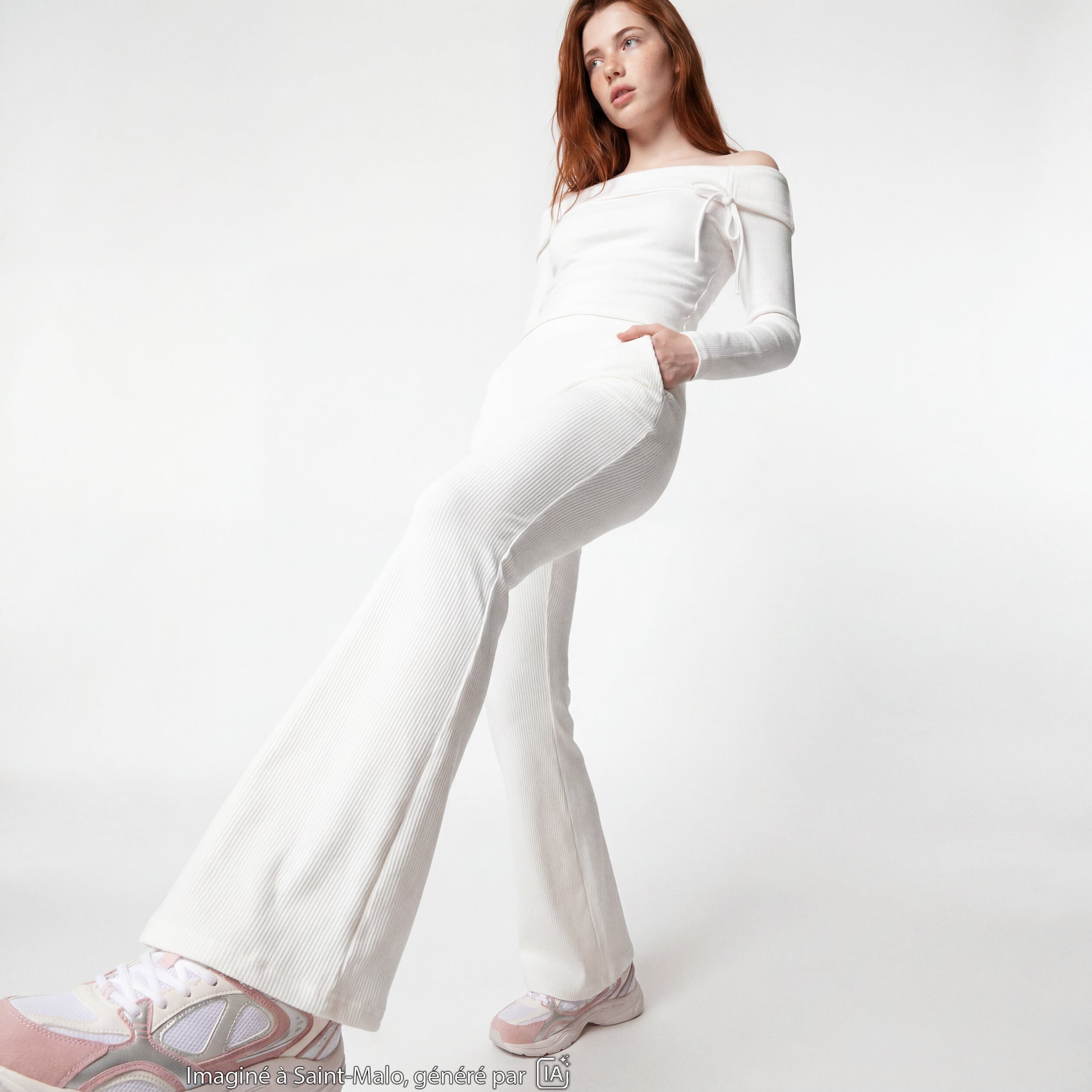 Pantalon flare stretch taille standard ecru