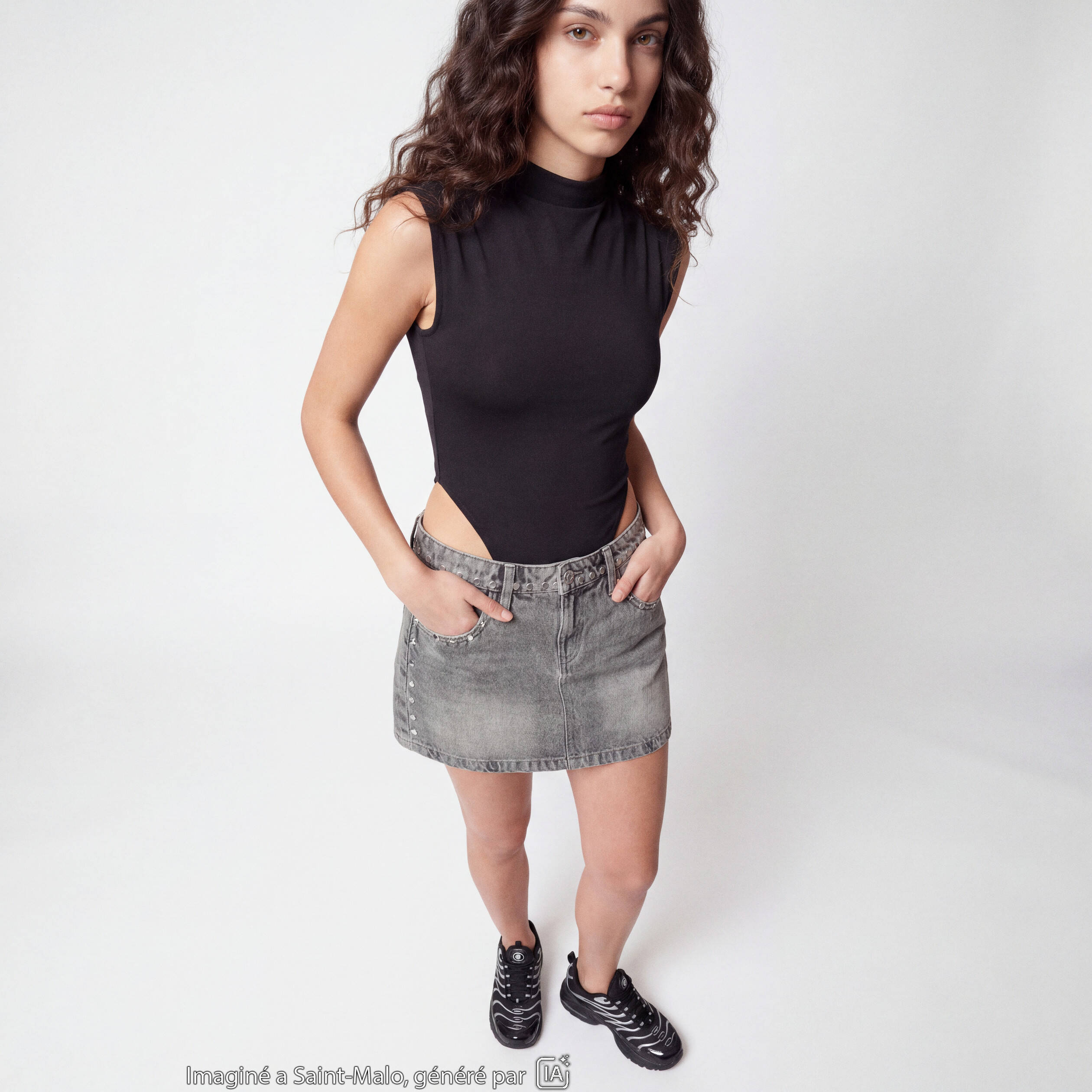 Jupe ajust&eacute;e courte en jean denim gris ado