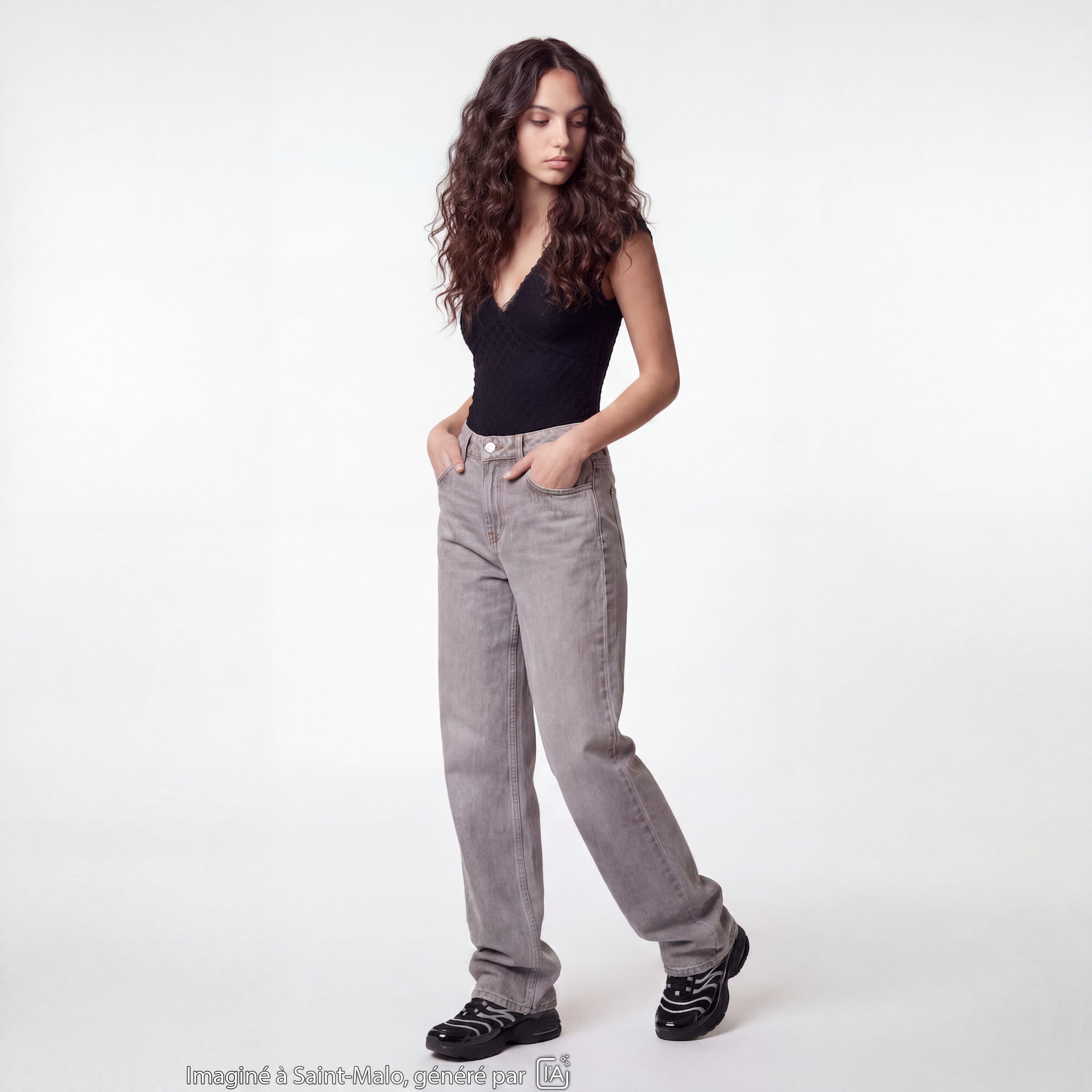 Jean Lenny wide leg taille standard denim gris