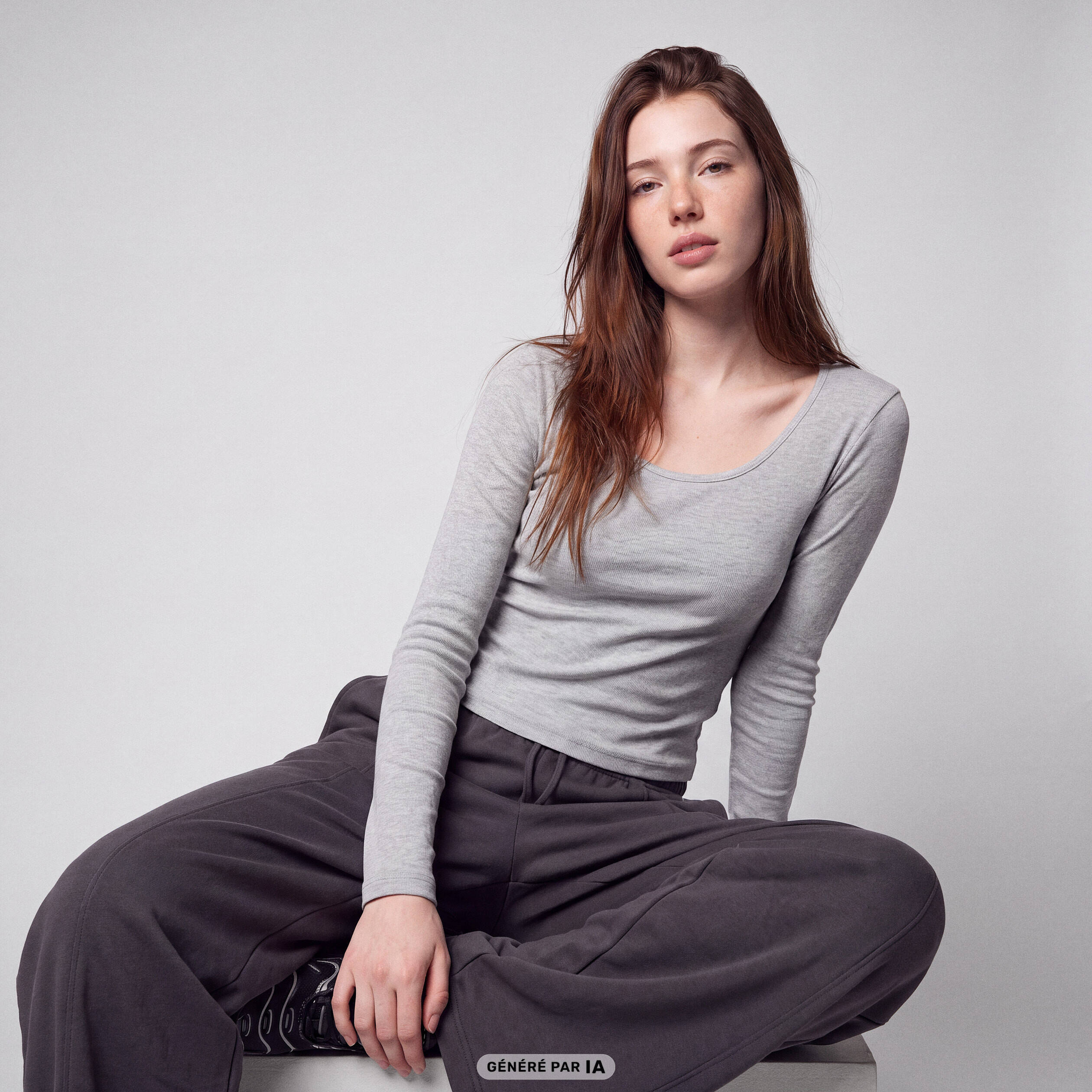 T-shirt ajust&eacute; col rond manches longues gris clair