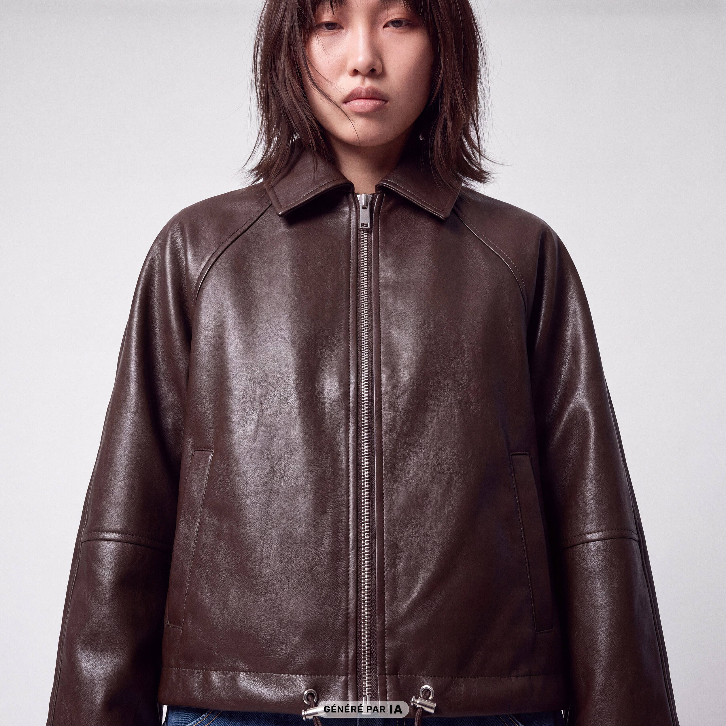 Blouson oversize court similicuir marron fonc&eacute;