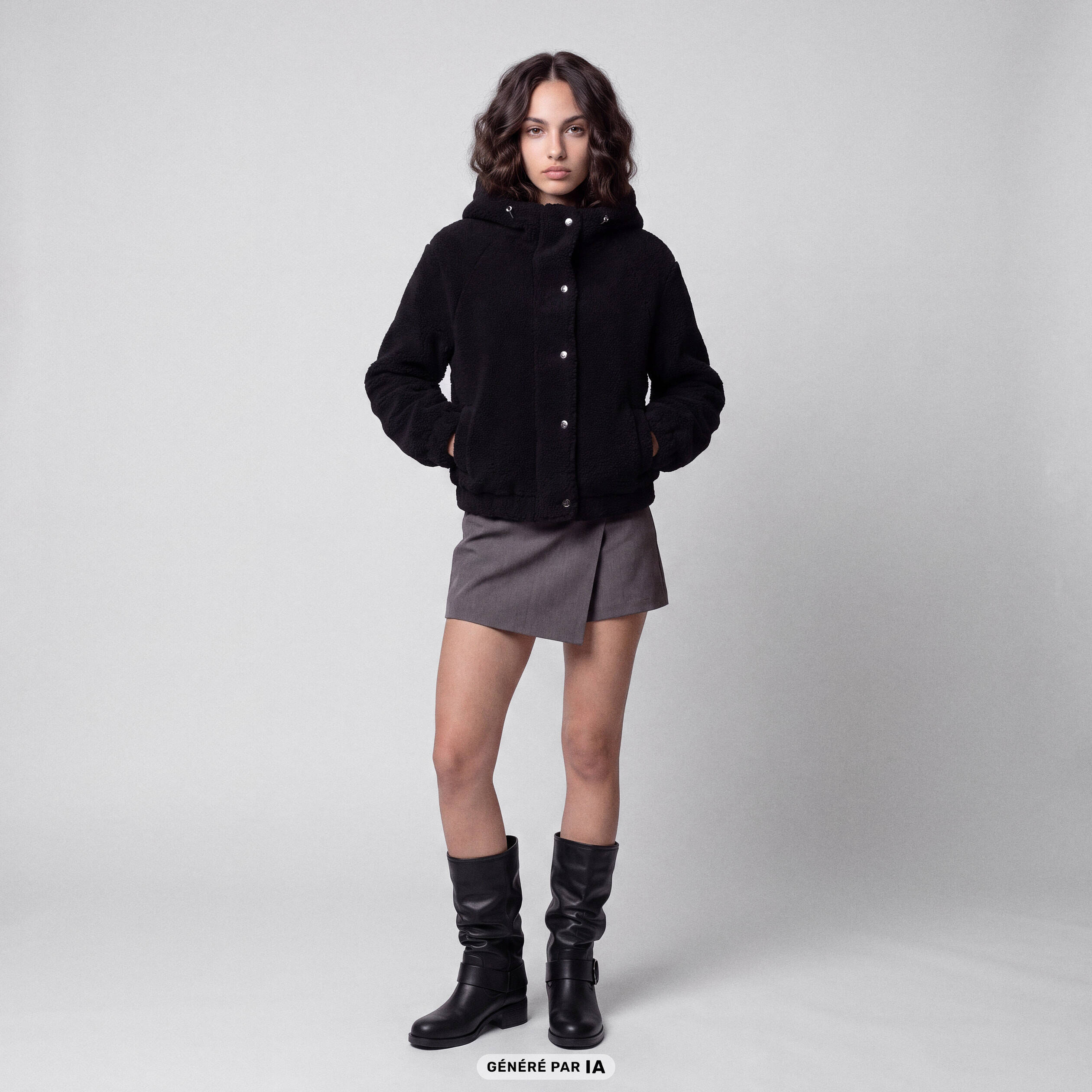 Blouson court droit effet polaire noir