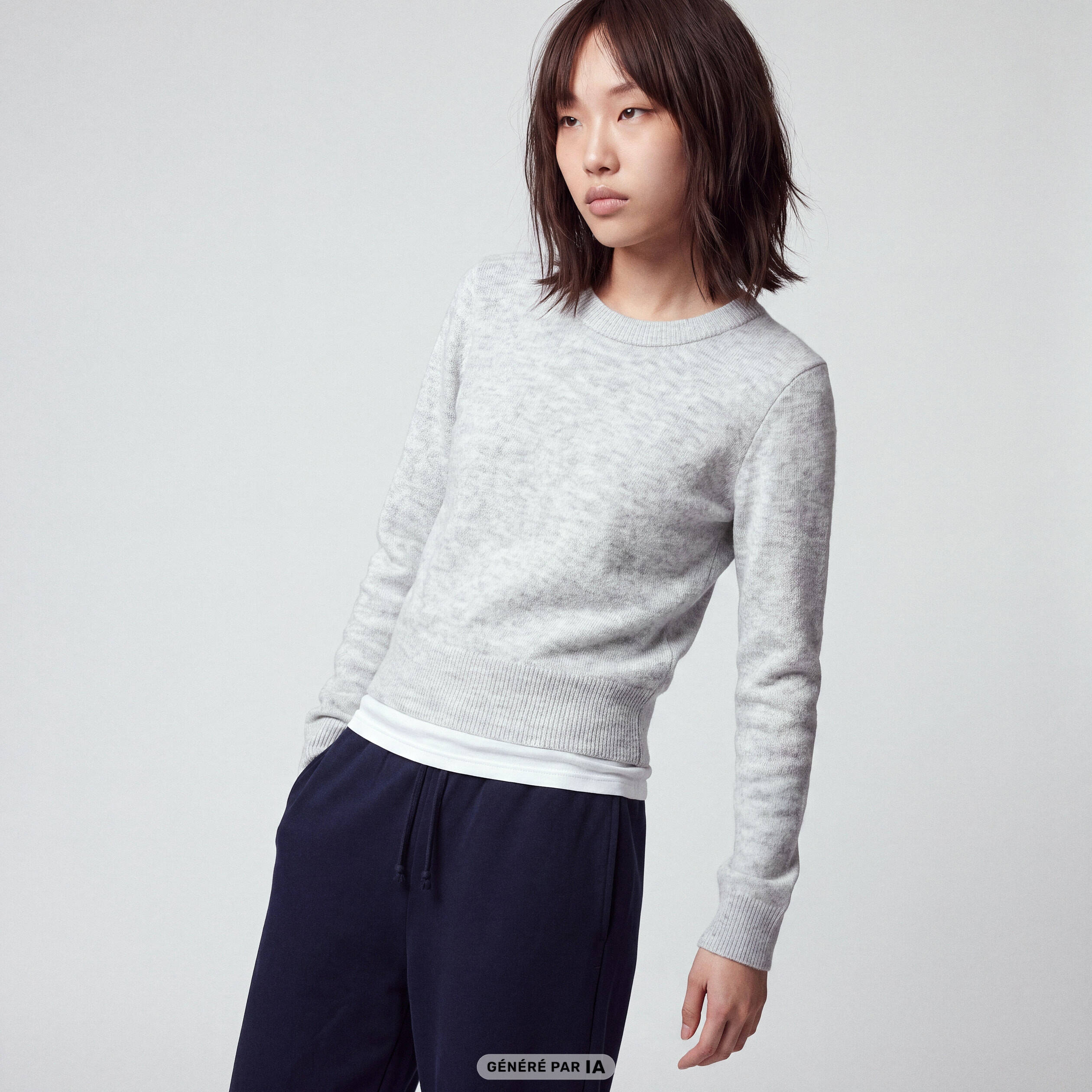 Pull col rond manches longues gris clair