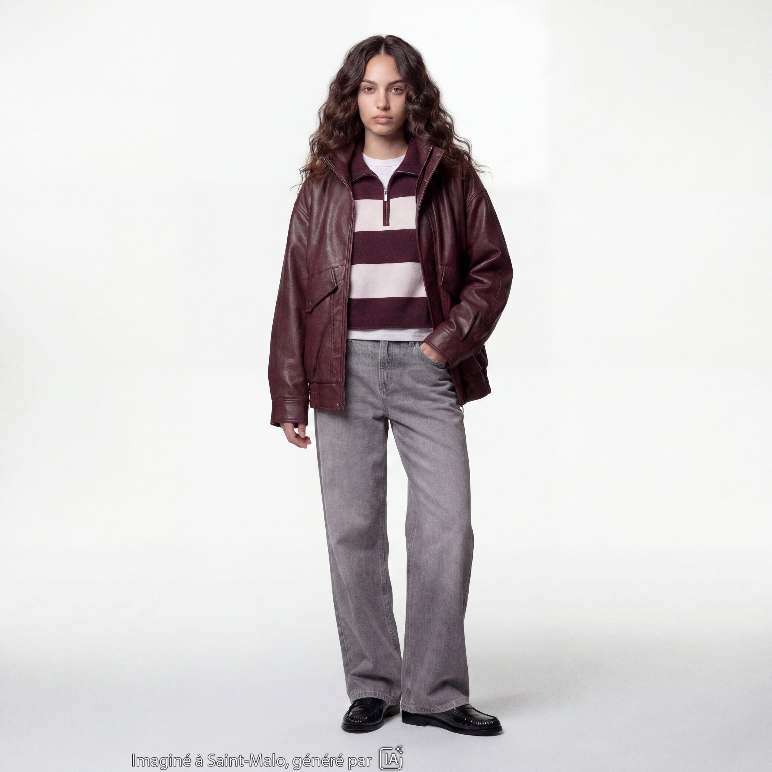 Veste oversize similicuir col biker bordeaux