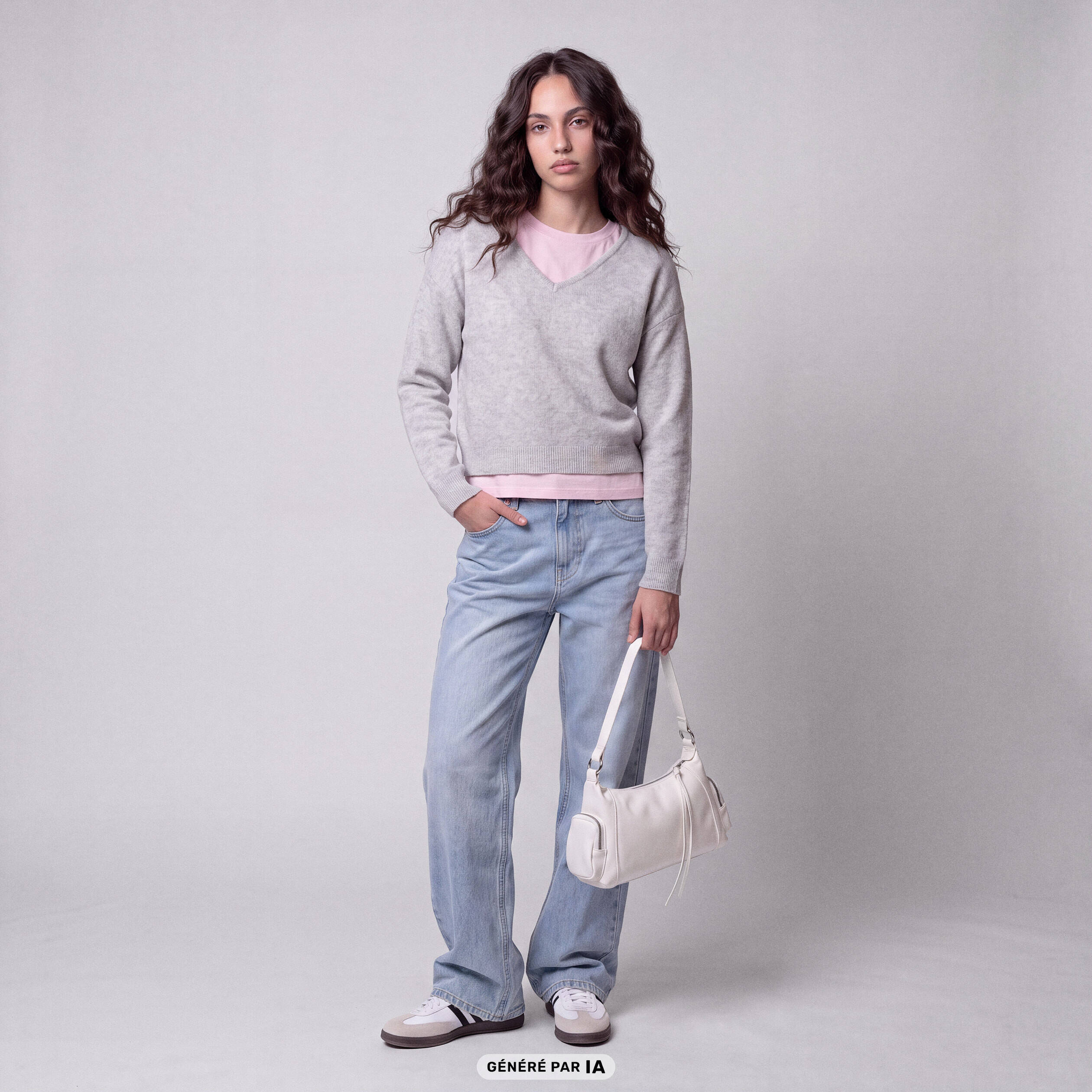 Pull col v manches longues gris clair