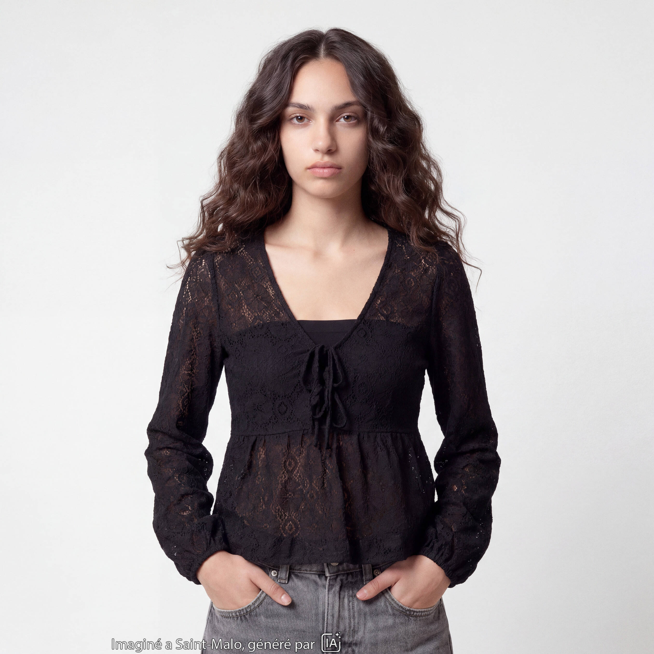 Chemise cintr&eacute;e dentelle col rond noir ado