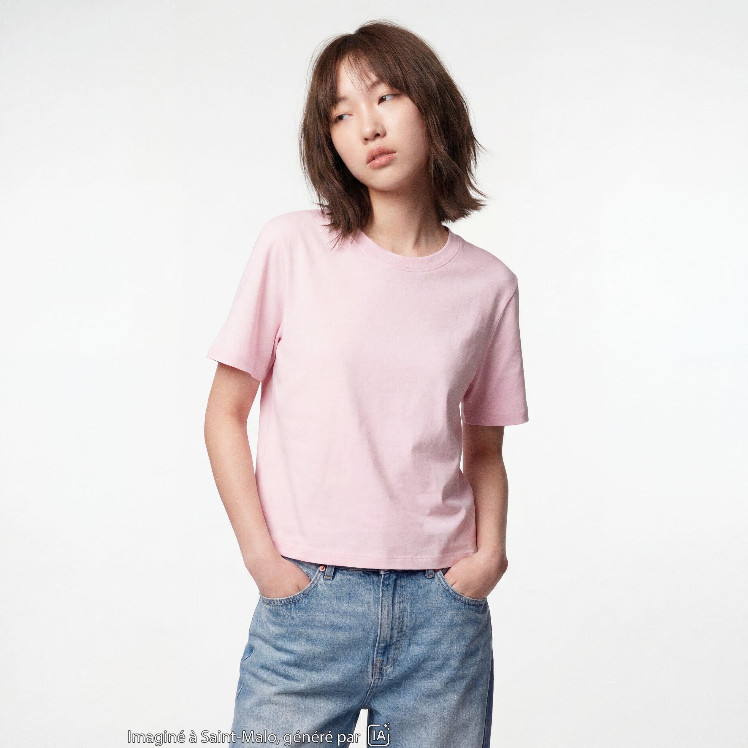 T-shirt col rond manches courtes rose clair