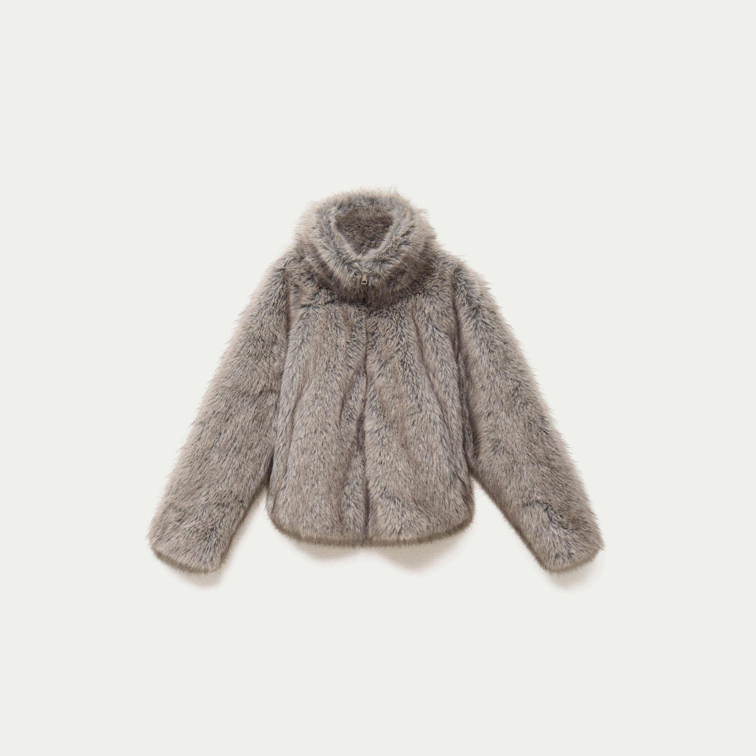 Manteau droit court fausse fourrure bleu gris