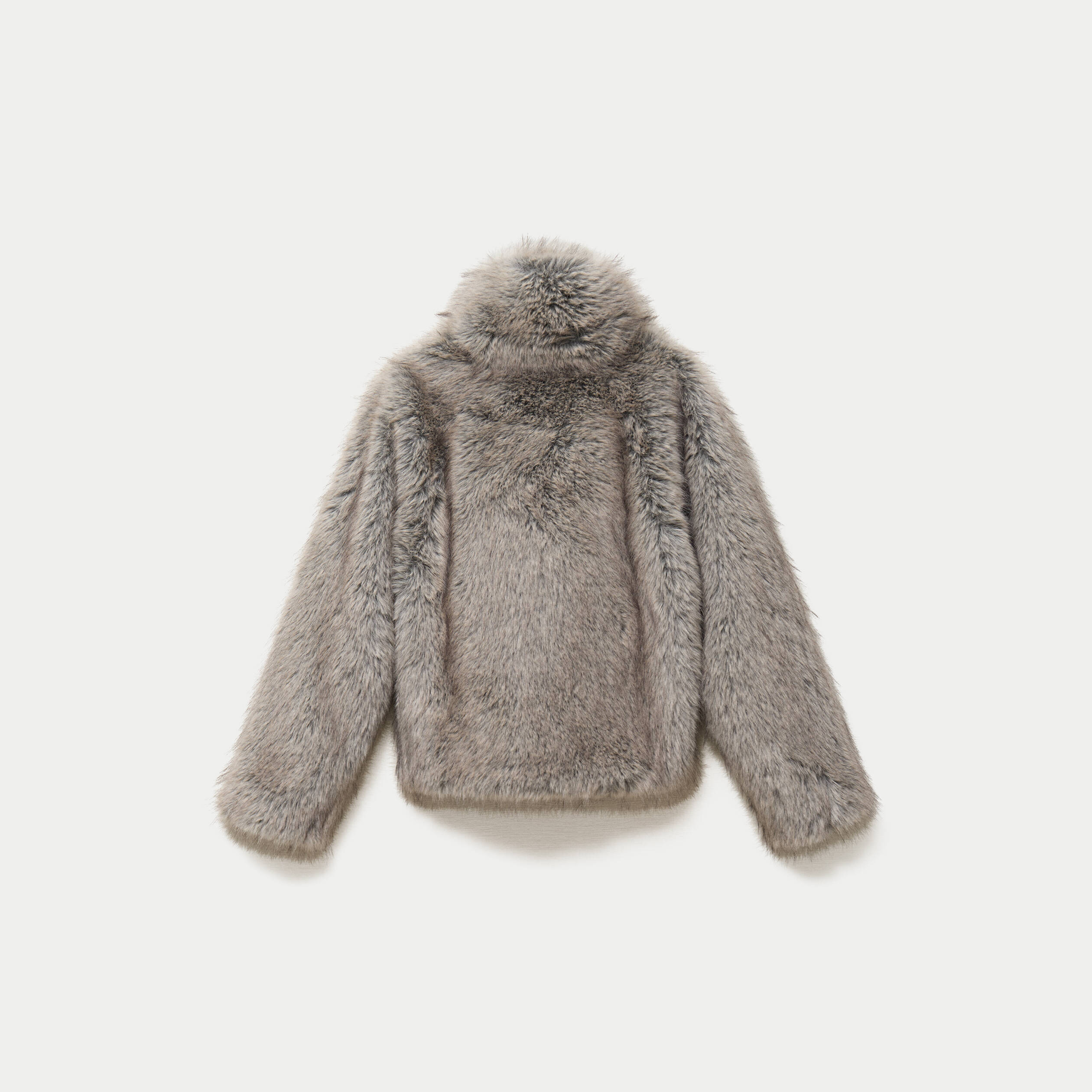 Manteau droit court fausse fourrure bleu gris