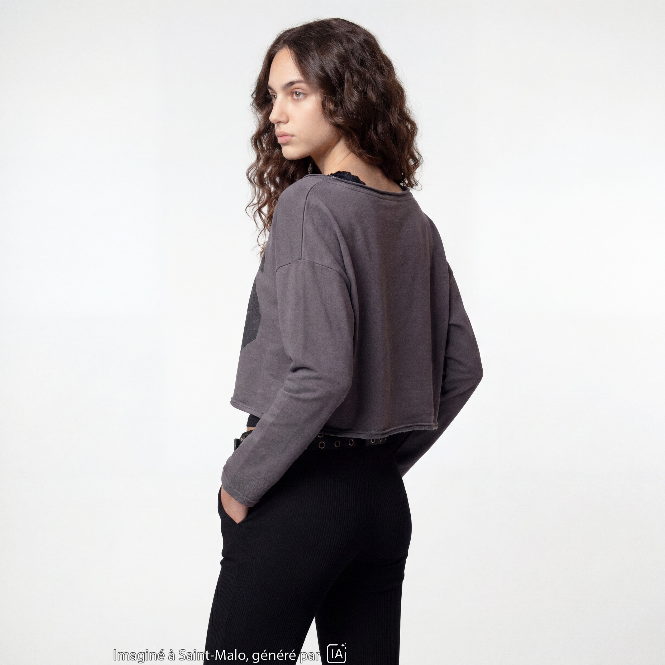 Sweat oversize cropped col bateau gris