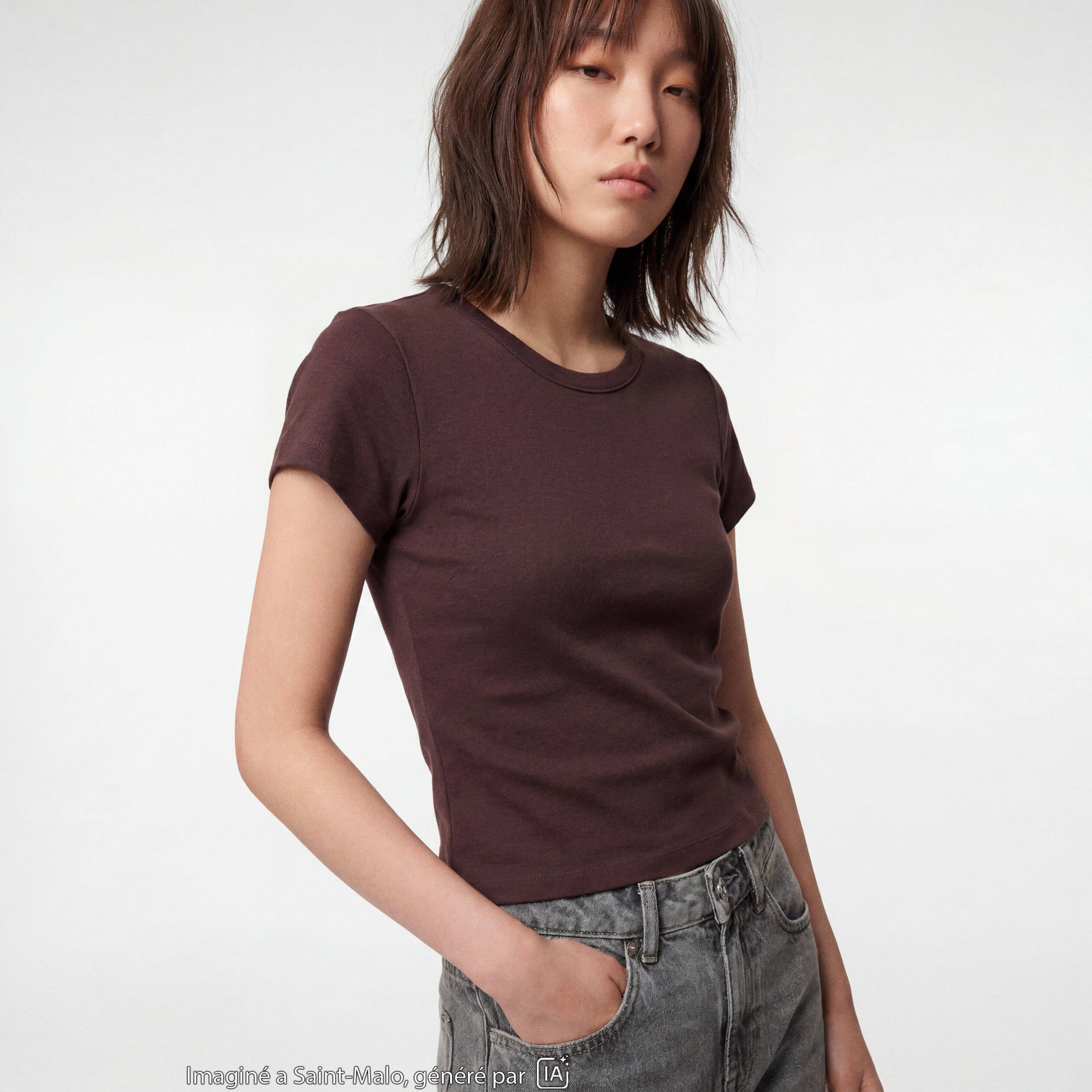 T-shirt ajust&eacute; col rond manches courtes marron fonc&eacute; ado