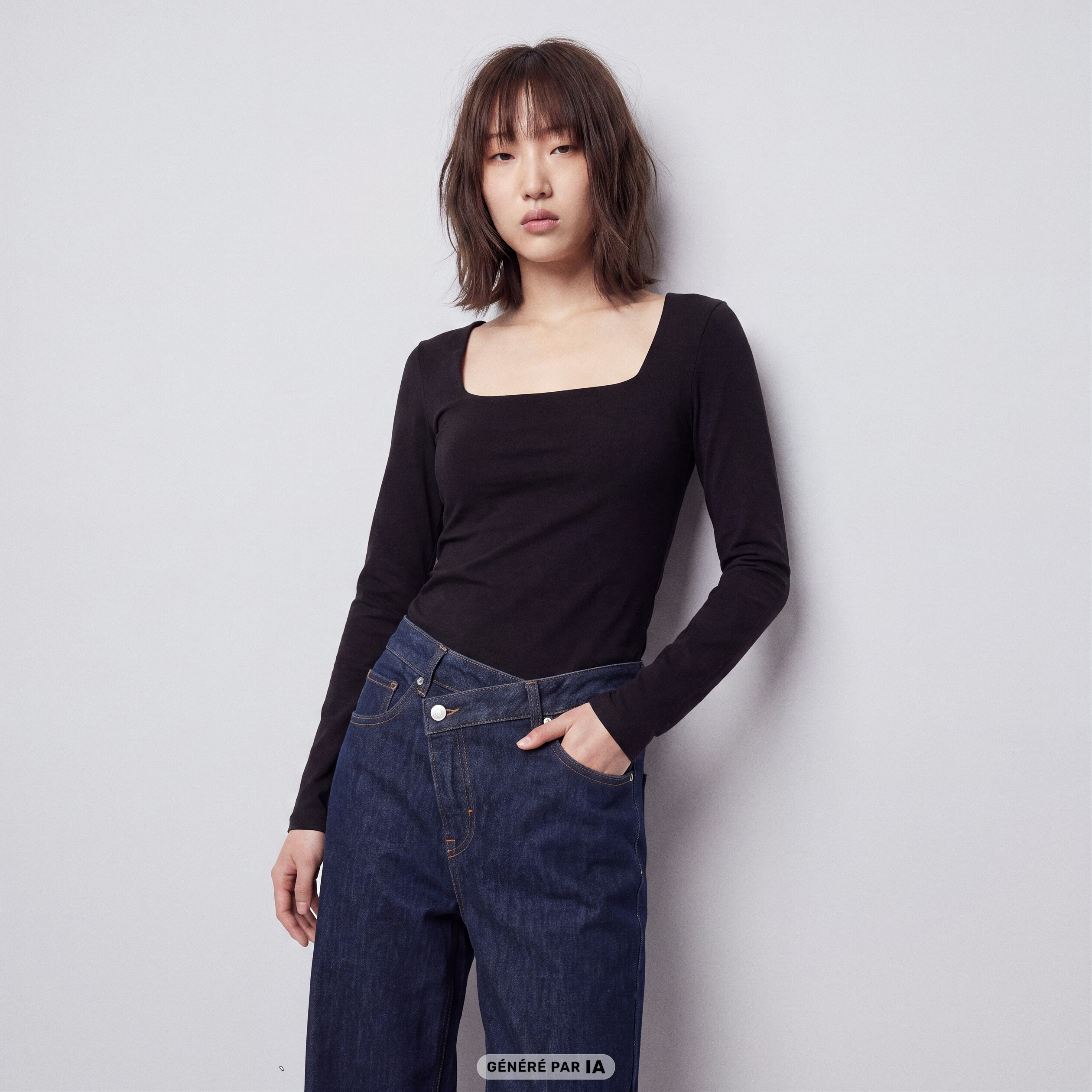 T-shirt ajust&eacute; d&eacute;collet&eacute; manches longues noir