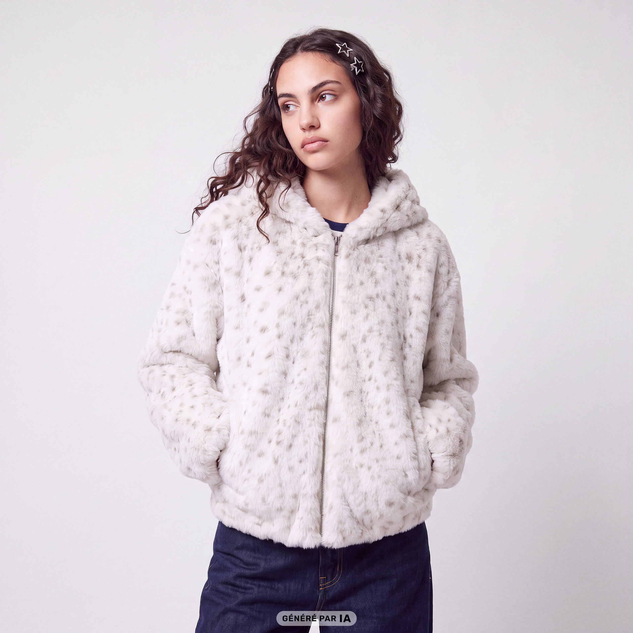 Blouson capuche fausse fourrure beige fonce