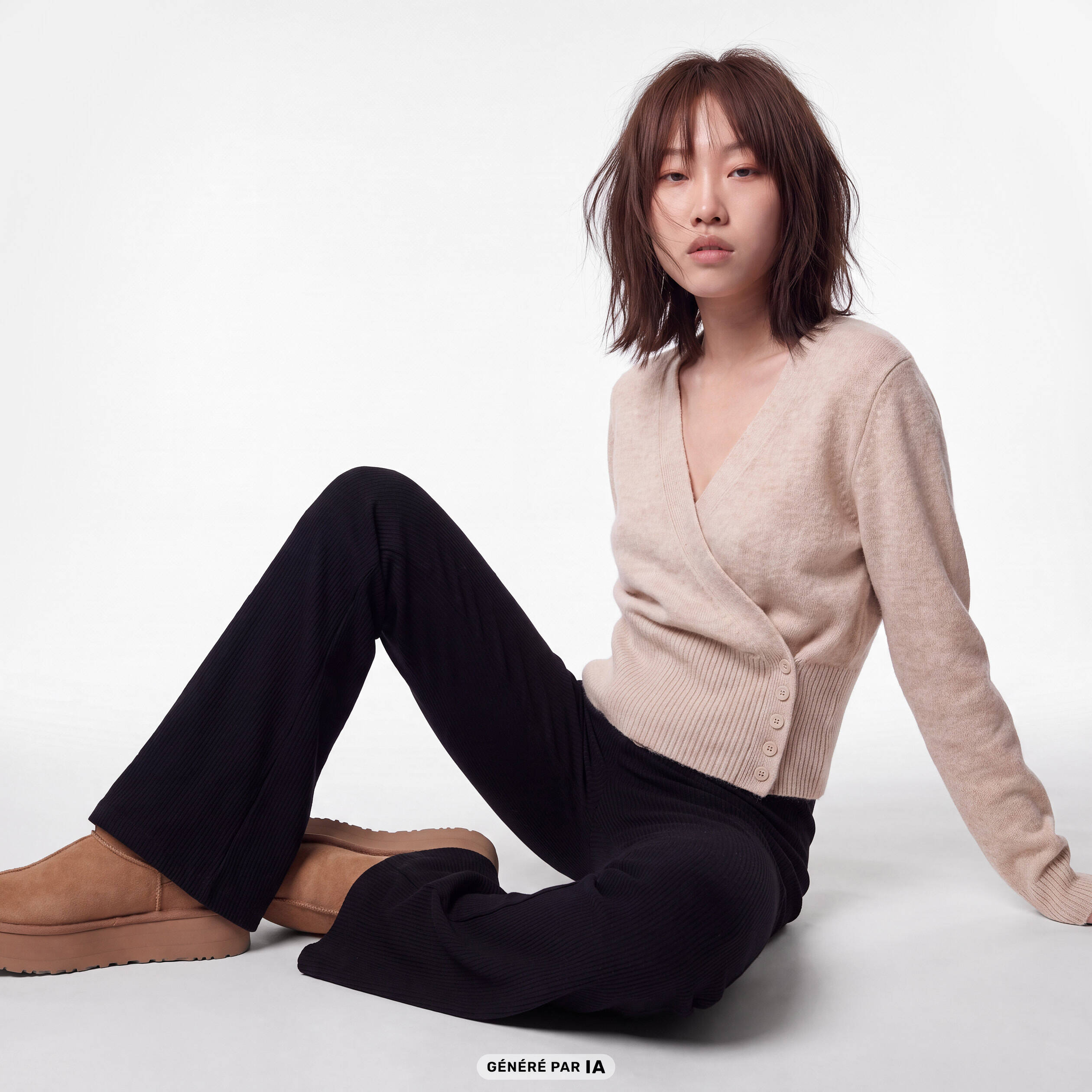 Pull col v manches longues beige