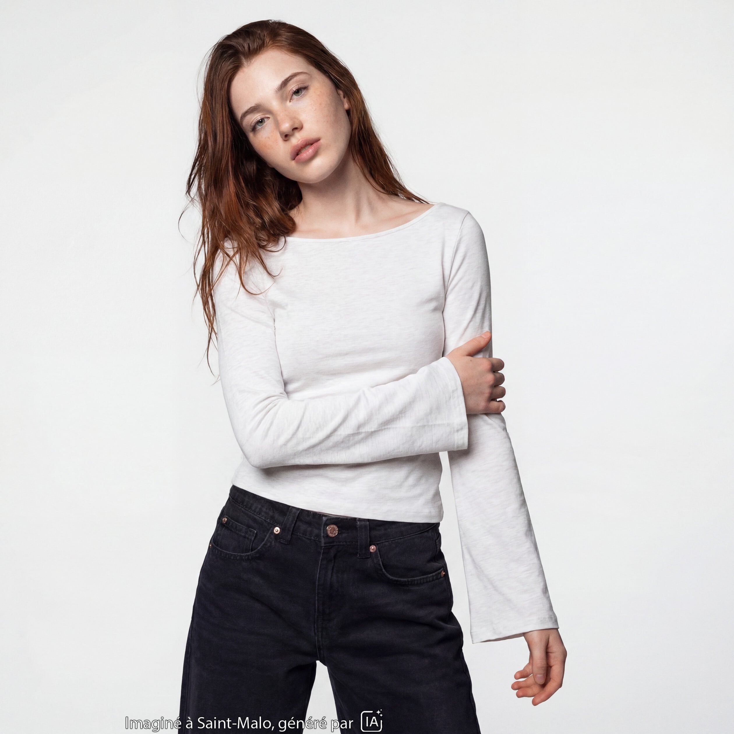 T-shirt cintr&eacute; col rond manches longues blanc