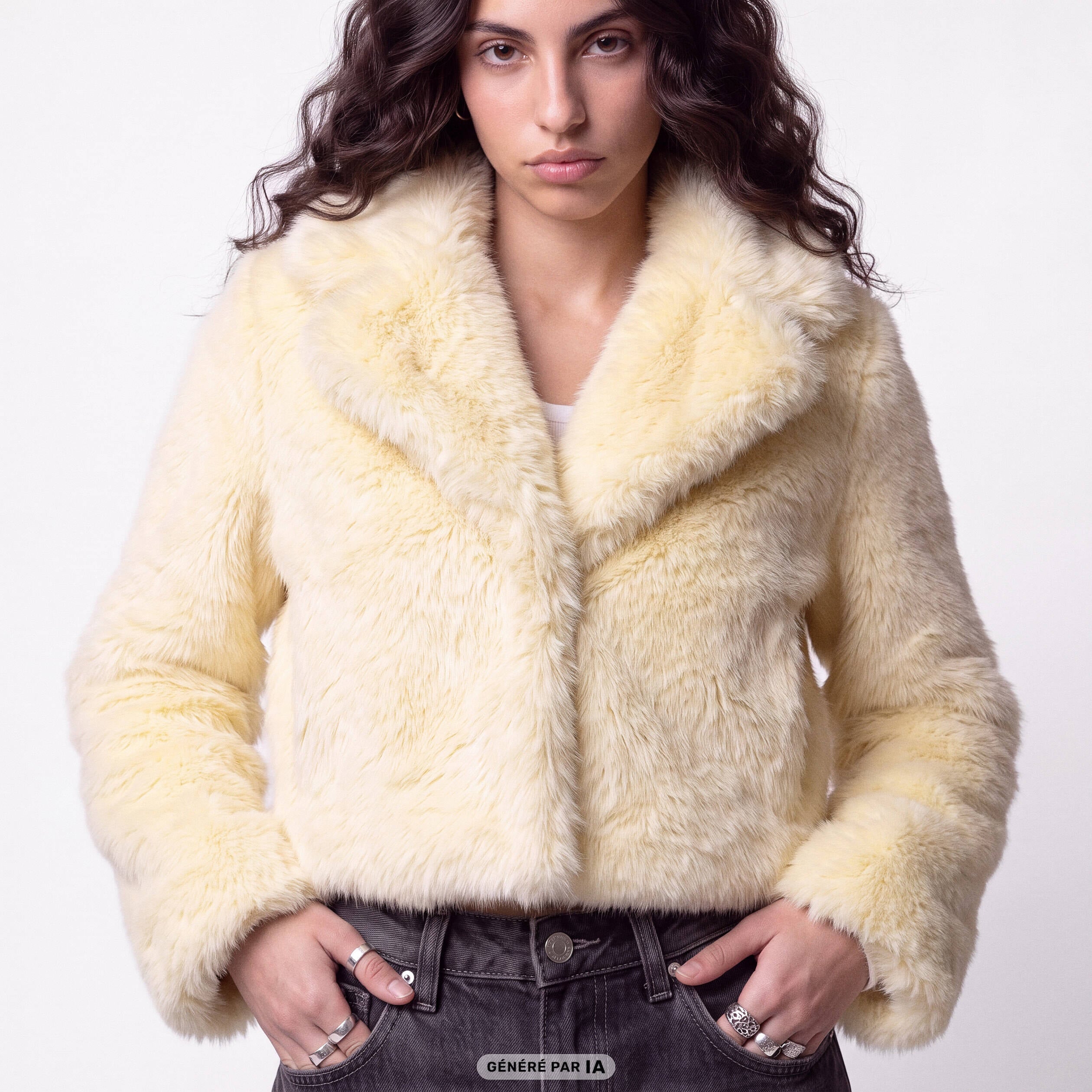 Manteau droit cropped fausse fourrure jaune clair