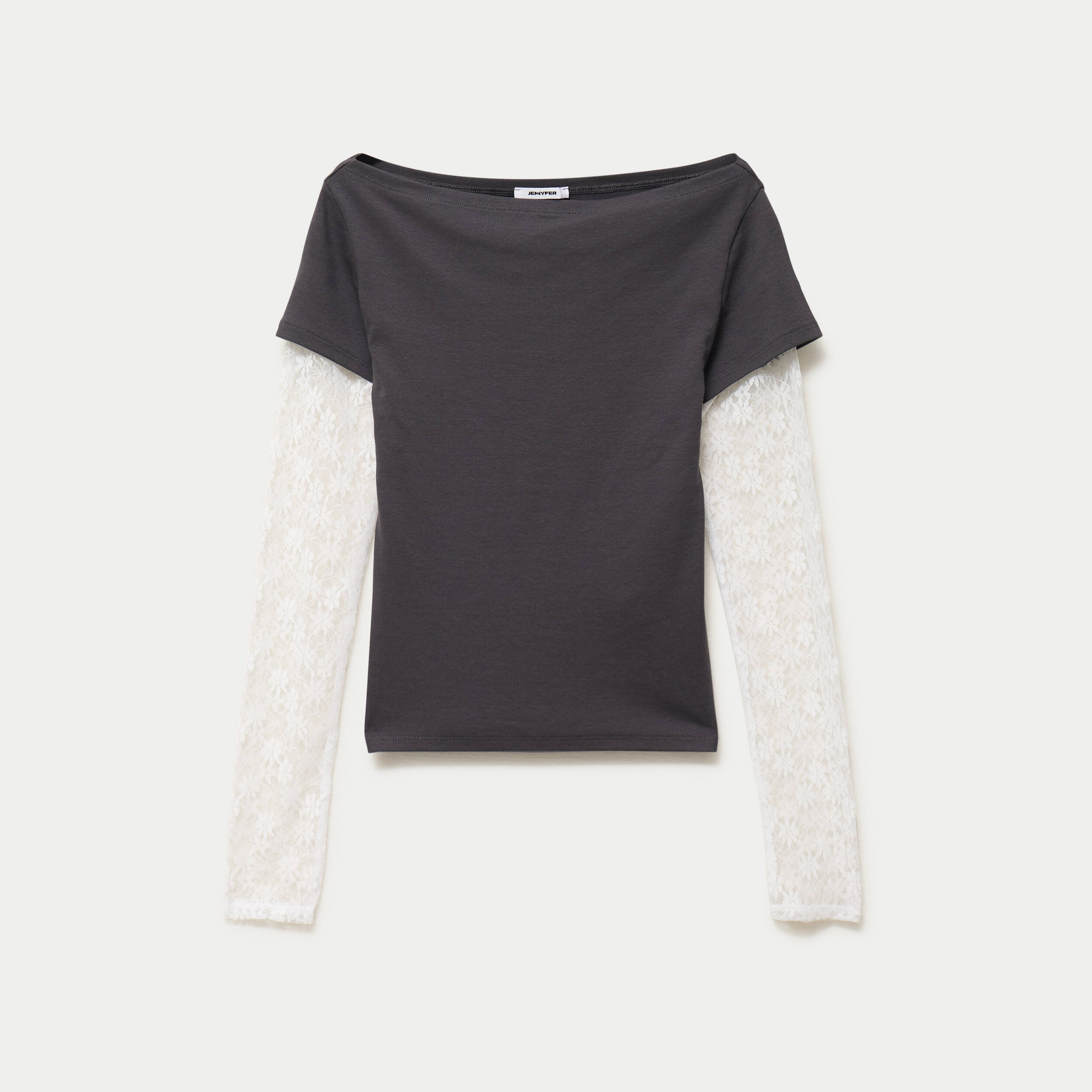Haut double col bateau manches longues gris