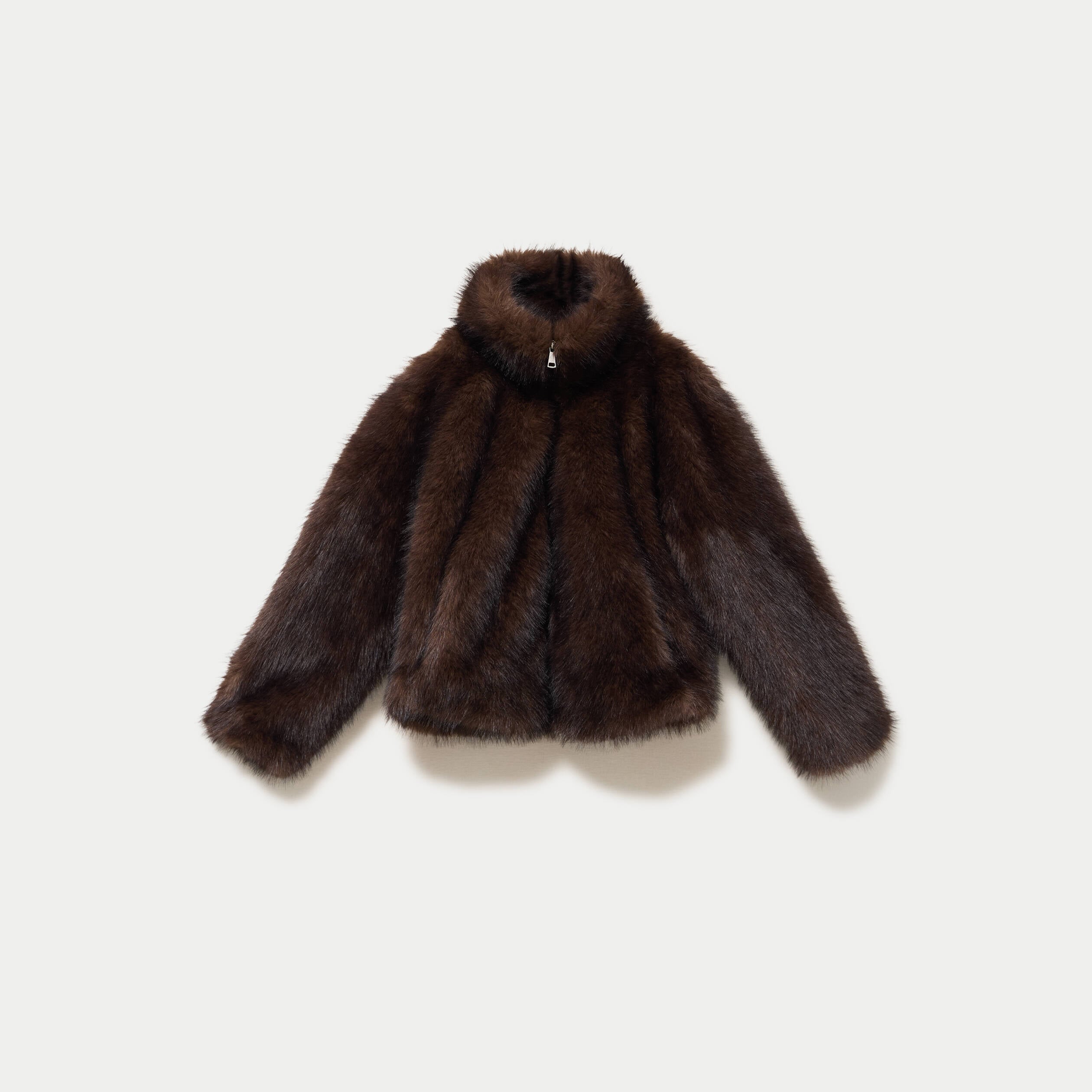 Manteau droit court fausse fourrure marron fonc&eacute;