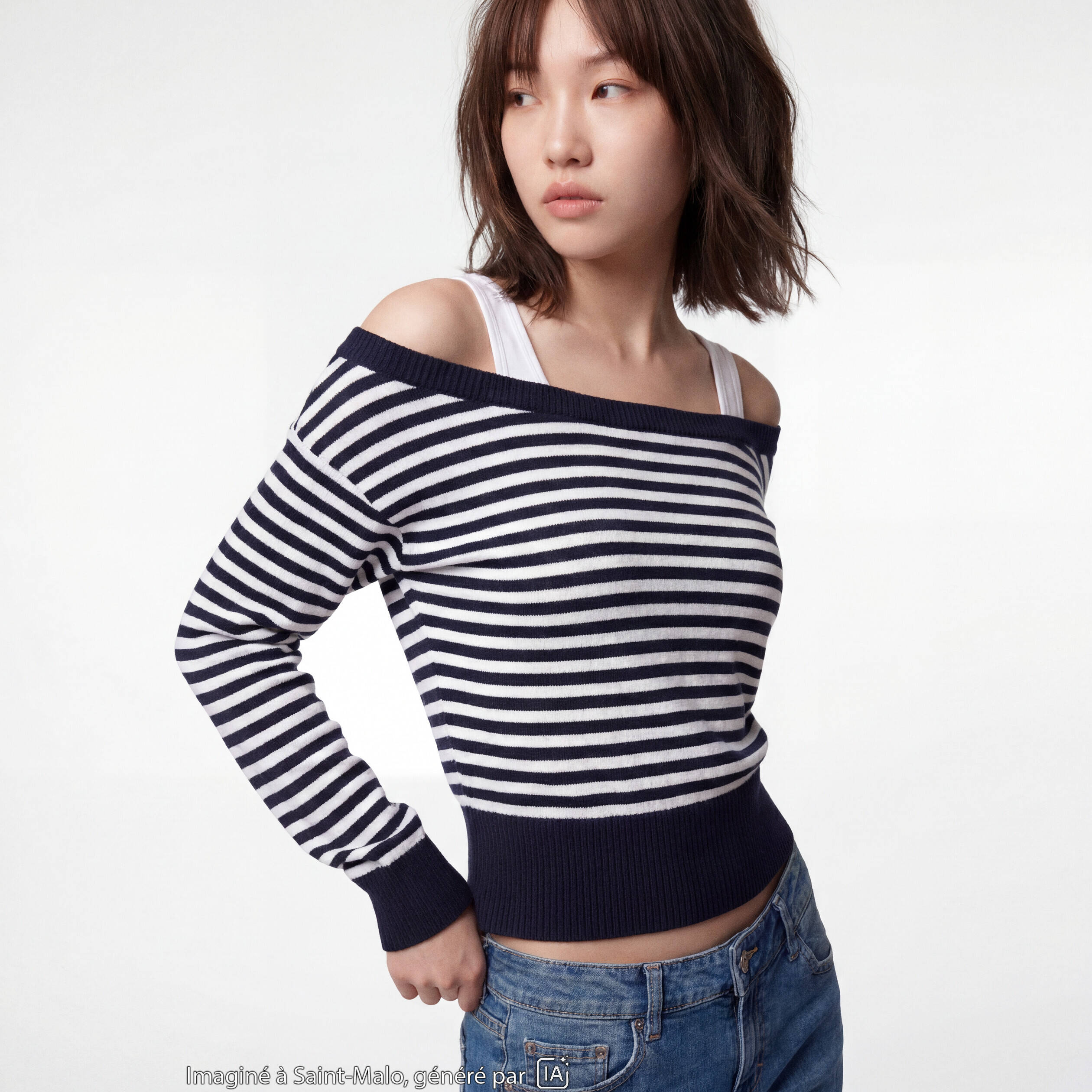 Pull col bateau manches longues bleu marine