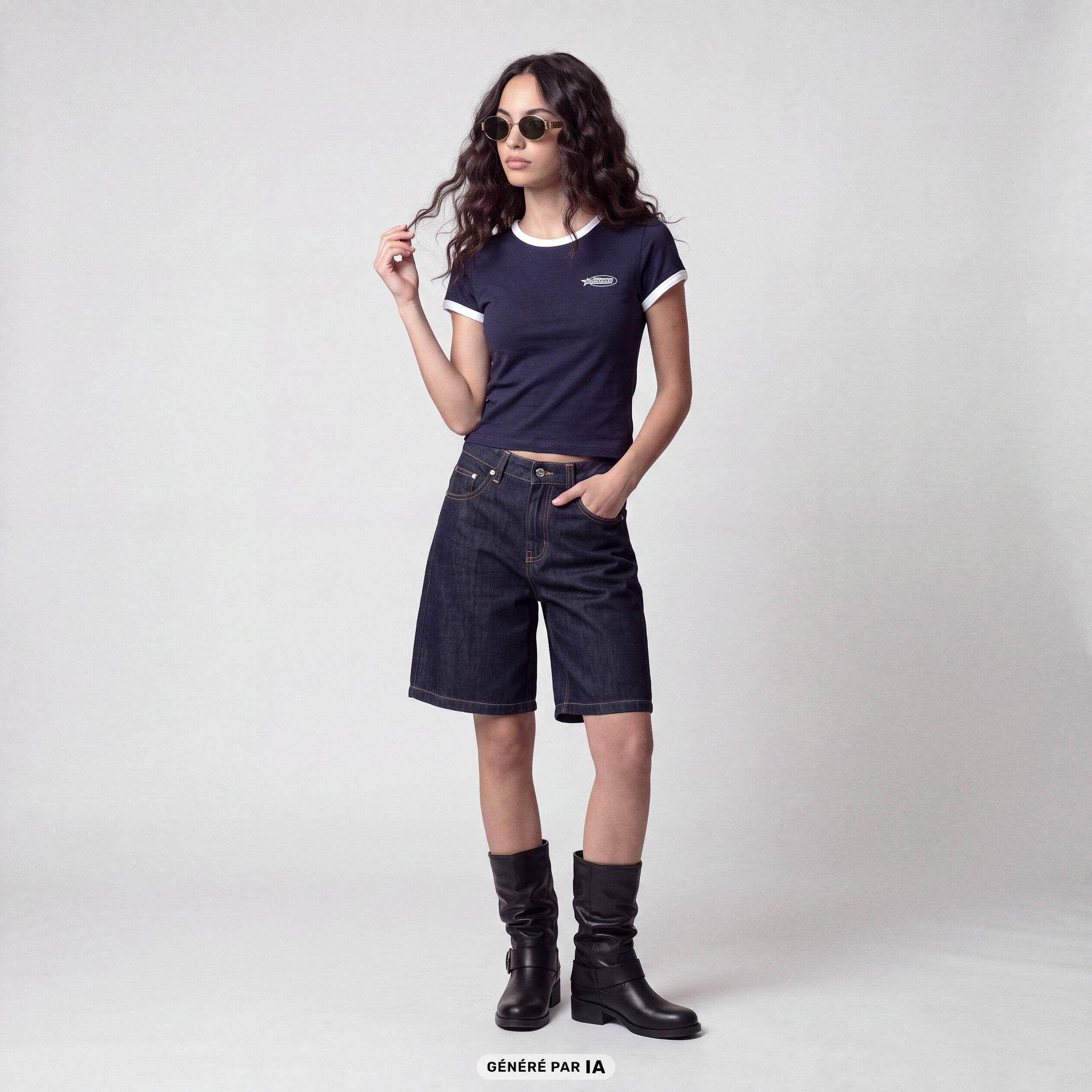 T-shirt col rond manches courtes bleu marine