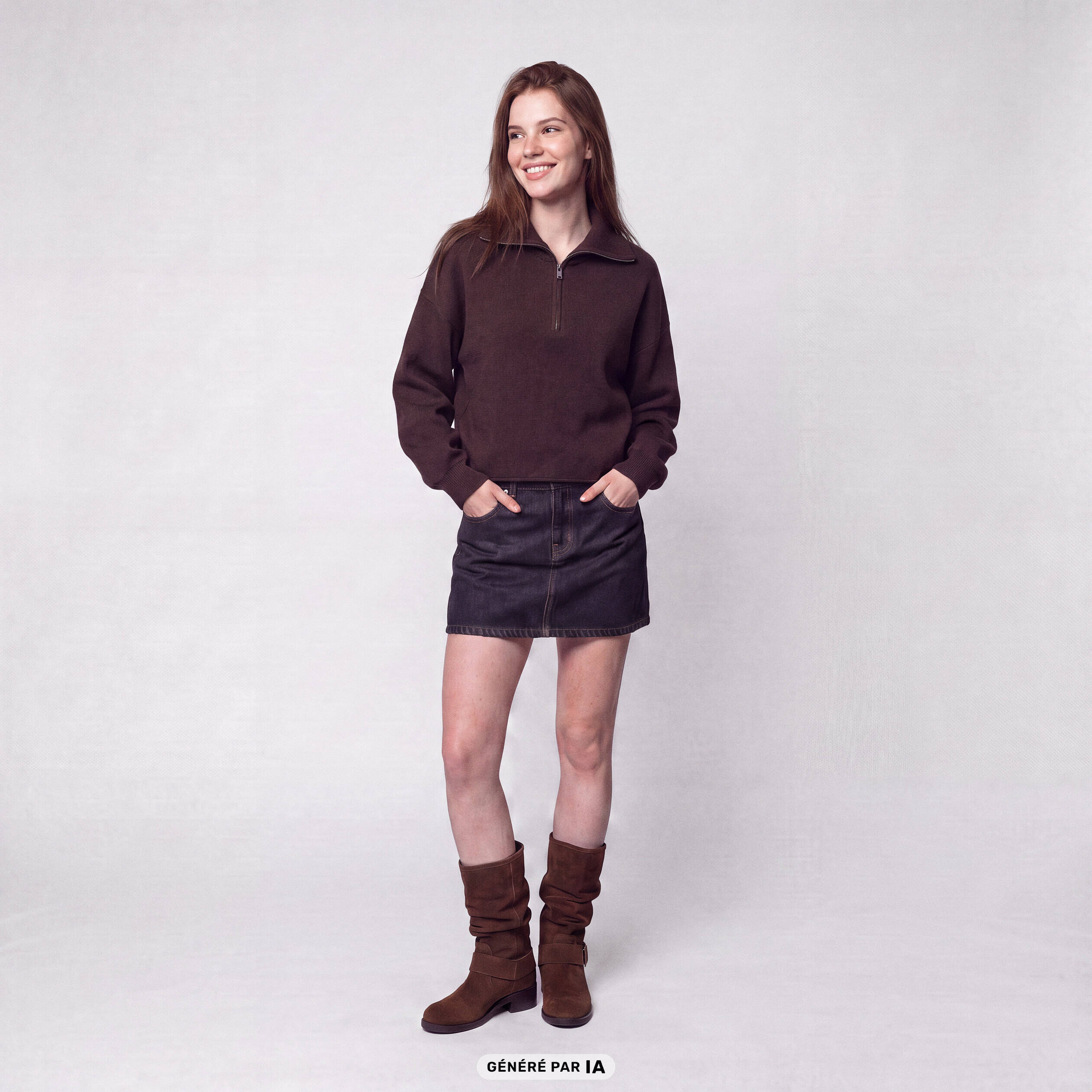 Pull col camionneur manches longues marron fonc&eacute;