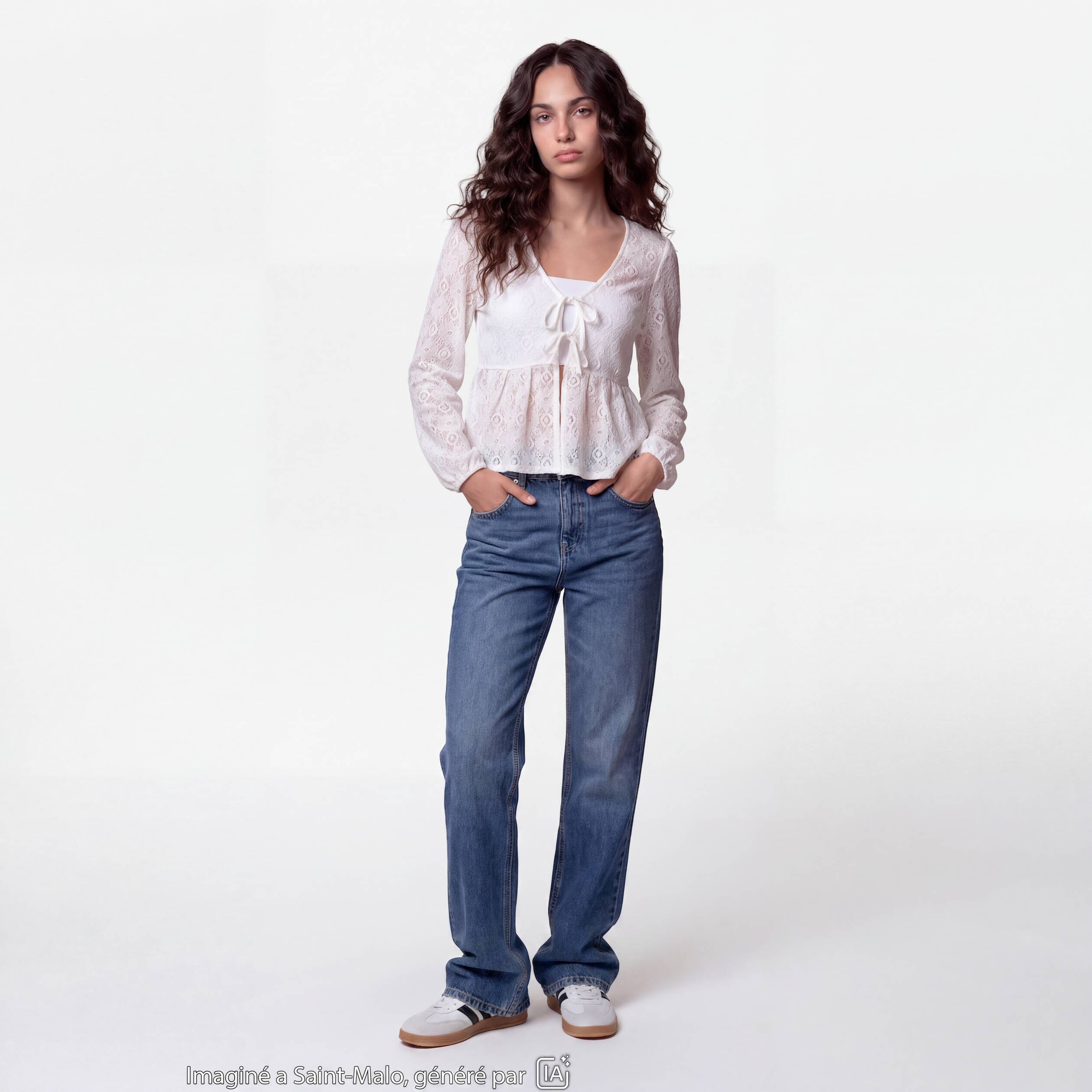 Chemise cintr&eacute;e dentelle col rond ecru ado