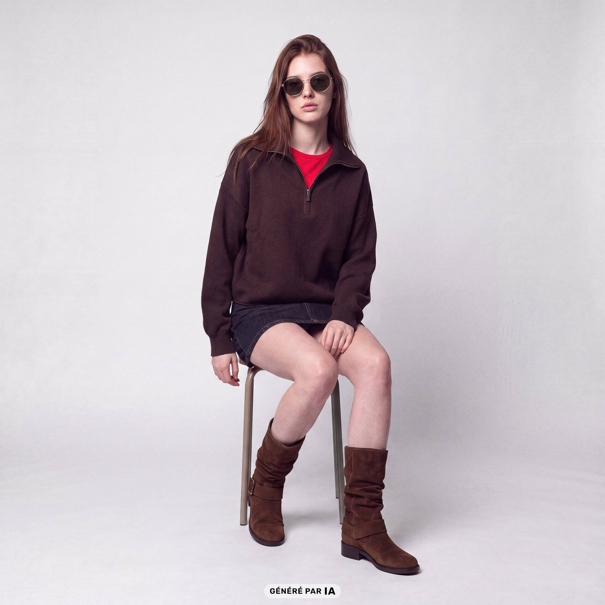 Pull col camionneur manches longues marron fonc&eacute;