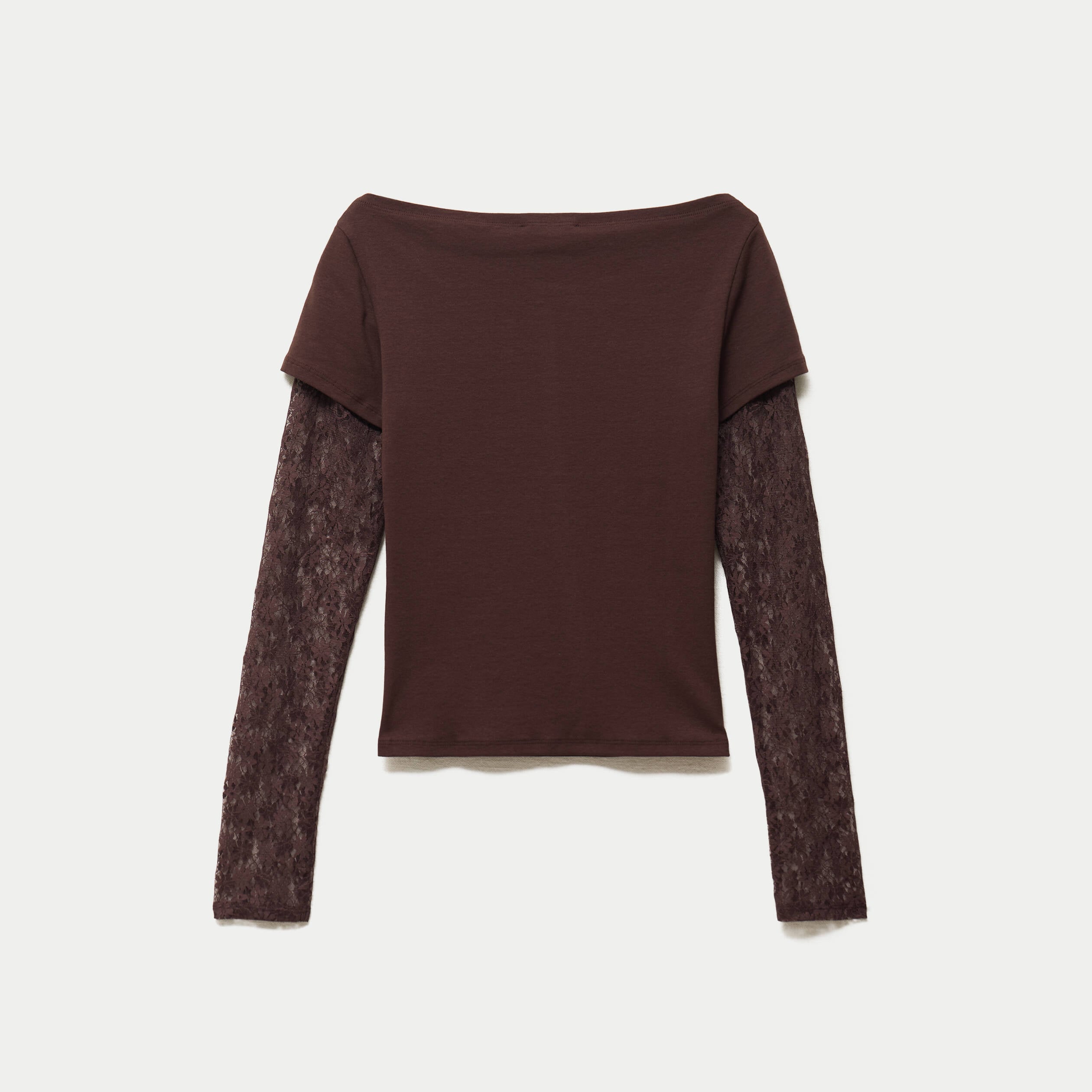 Haut double col bateau manches longues marron fonc&eacute;