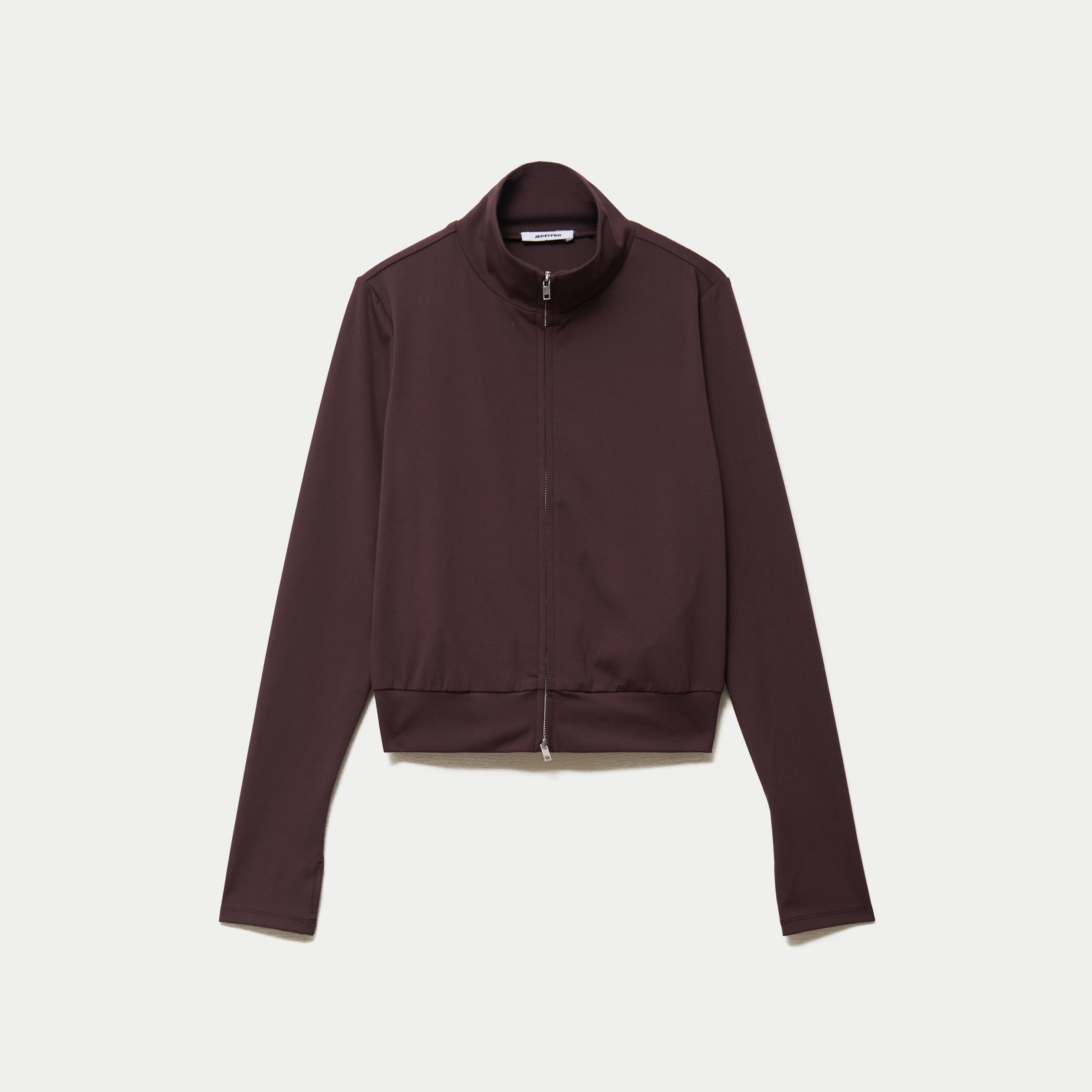 Gilet droit cropped col montant marron fonc&eacute;