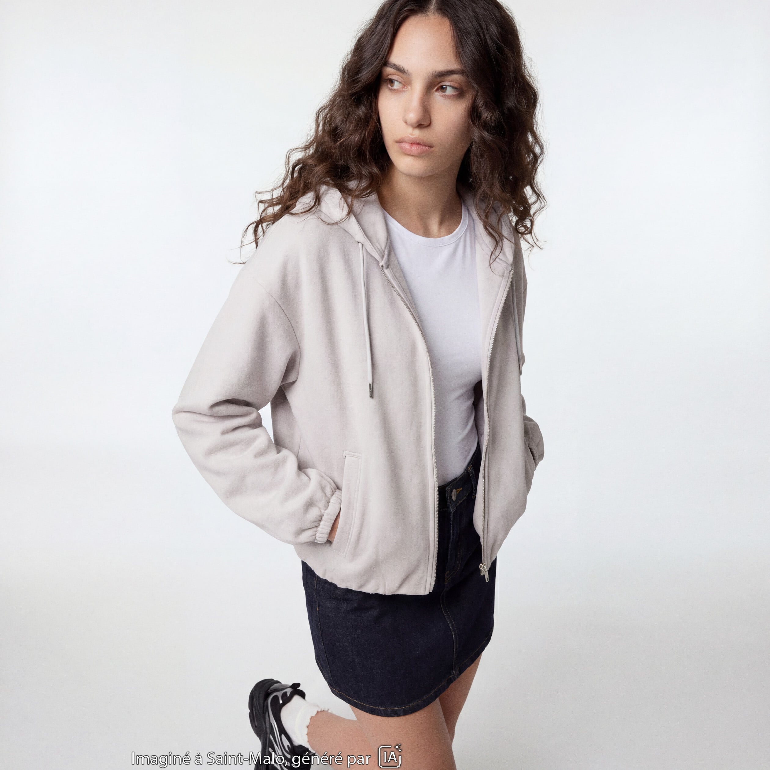 Blouson cropped effet boule &agrave; capuche beige