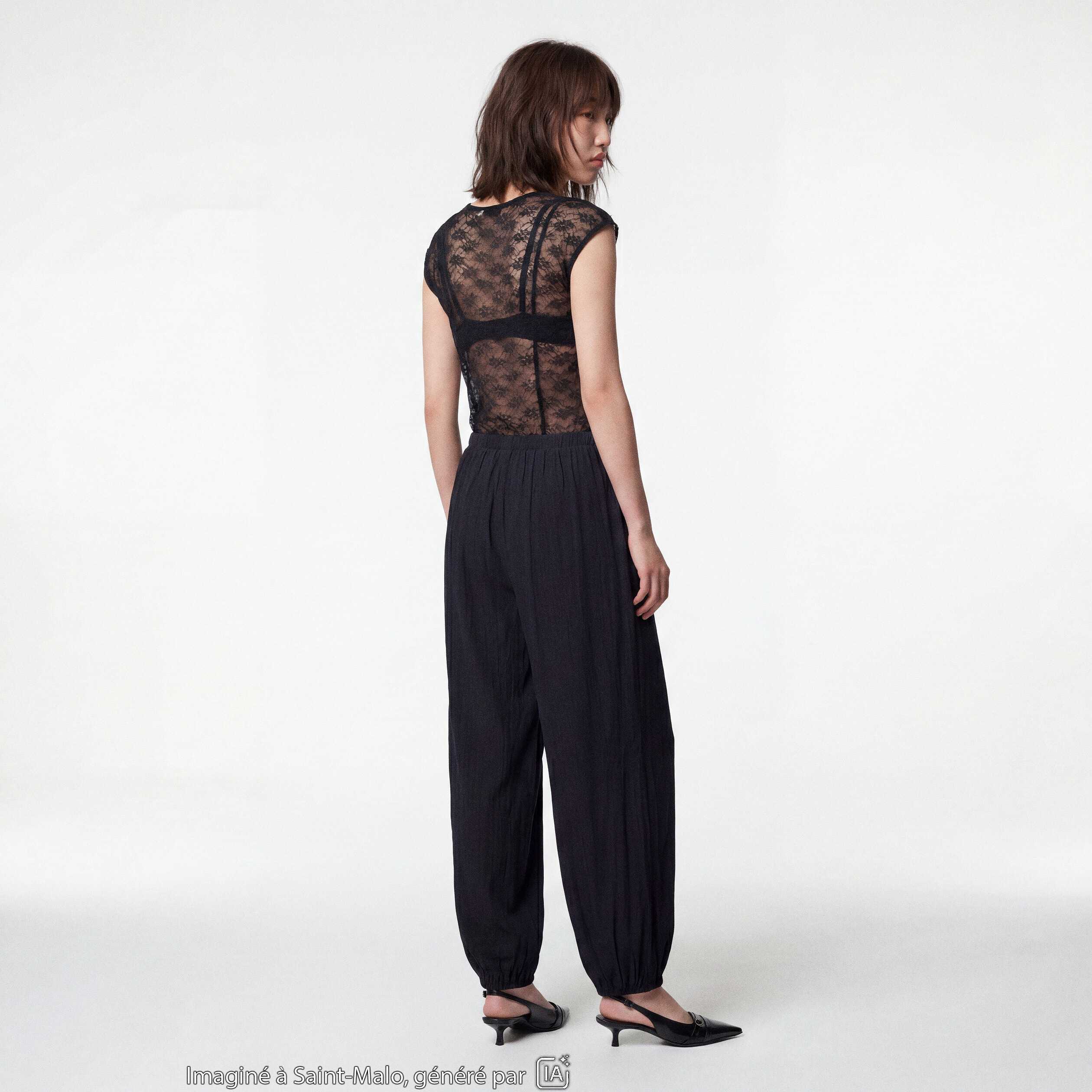 Pantalon large en cr&ecirc;pe taille standard noir