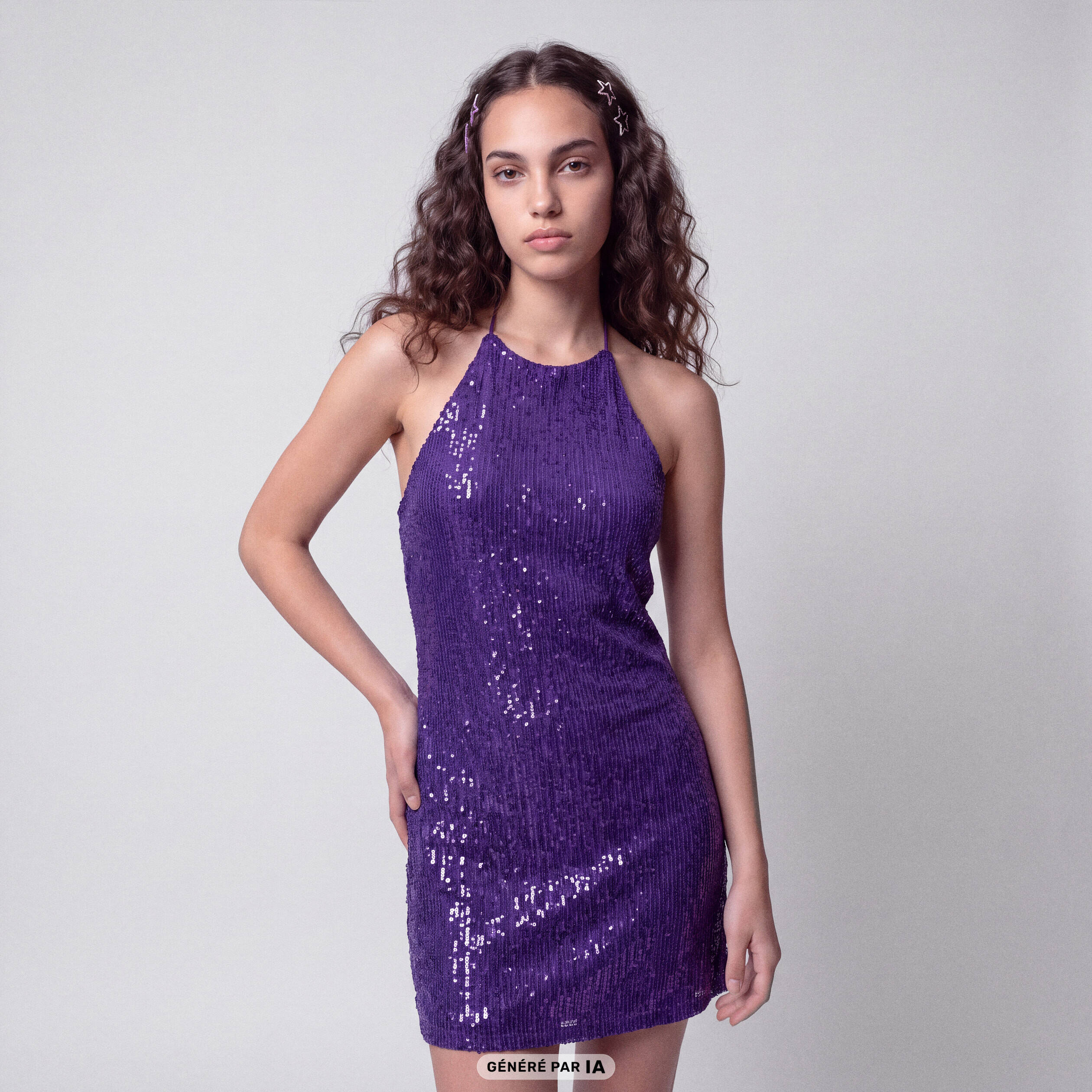 Robe sans manches &agrave; sequins col montant bleu electrique