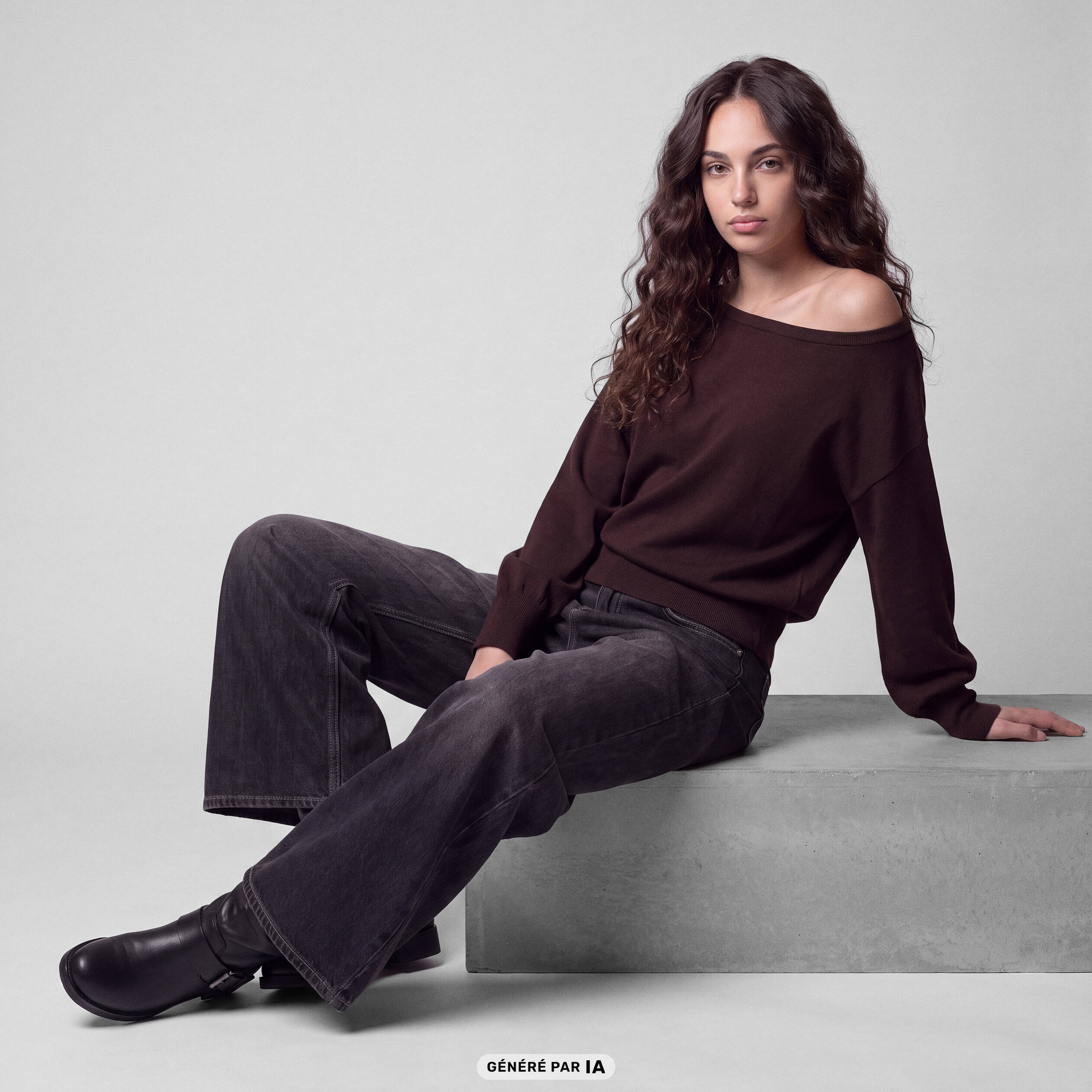 Pull oversize col bardot manches longues marron fonc&eacute;
