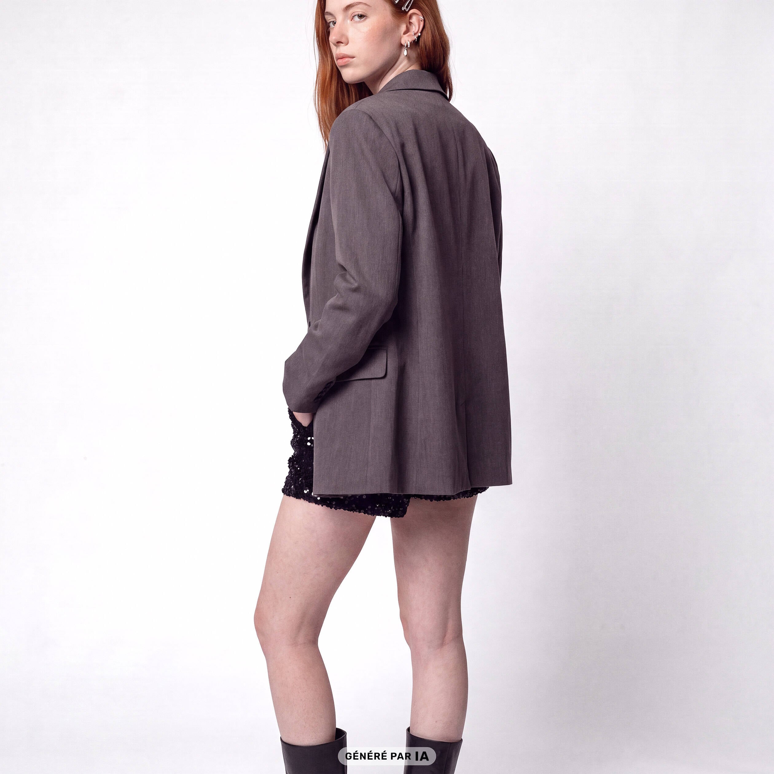 Veste col tailleur manches longues gris fonc&eacute;