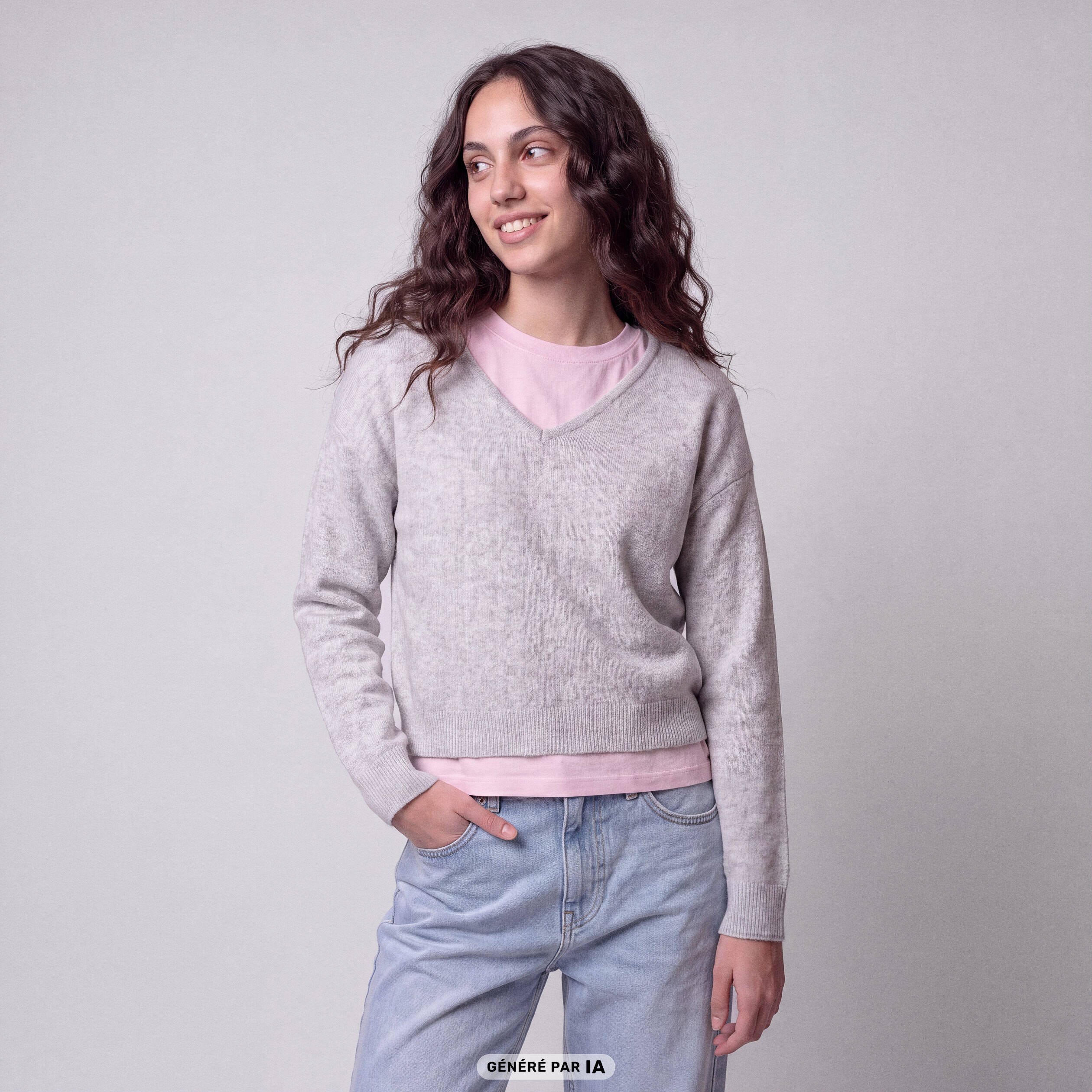 Pull col v manches longues gris clair