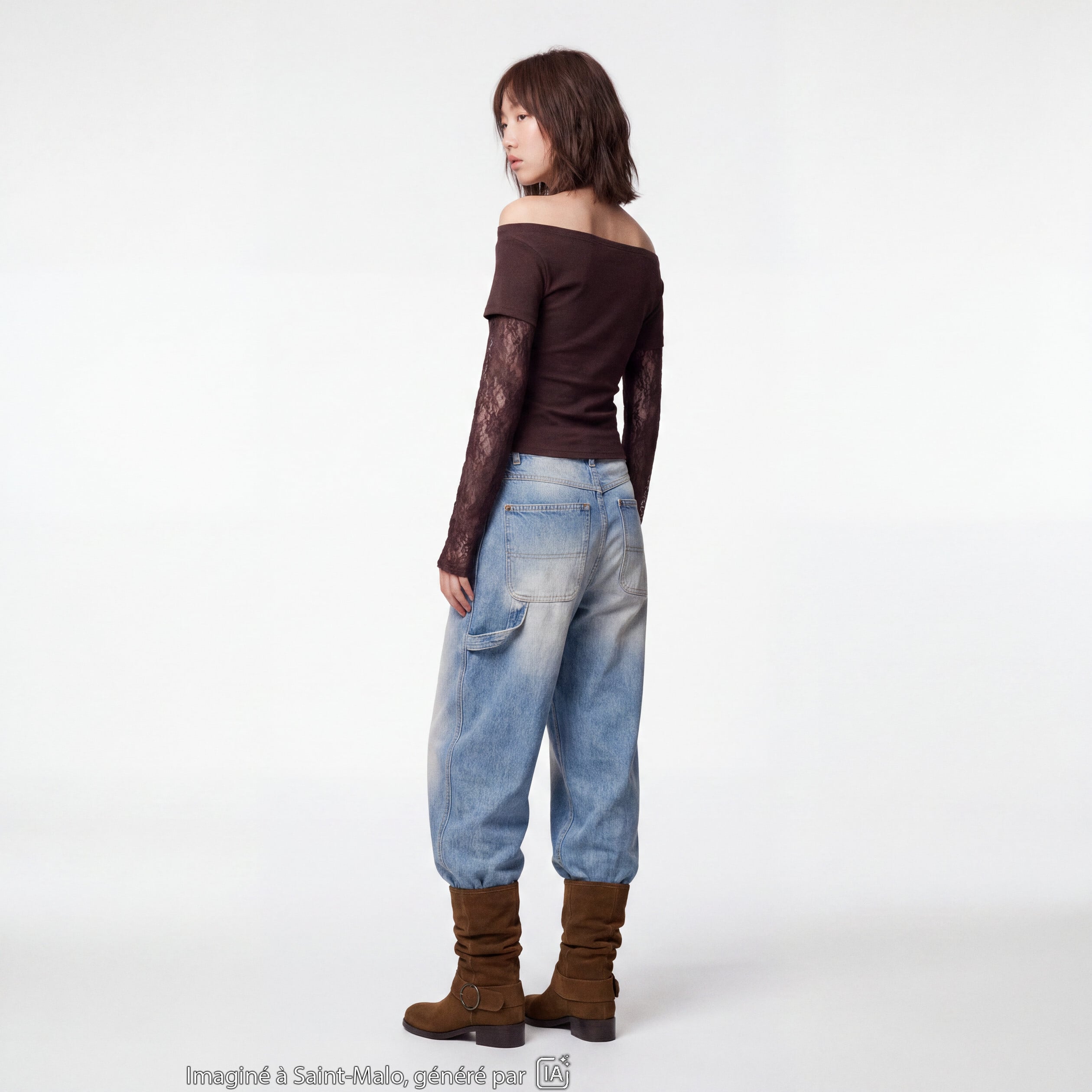 Haut double col bateau manches longues marron fonc&eacute;