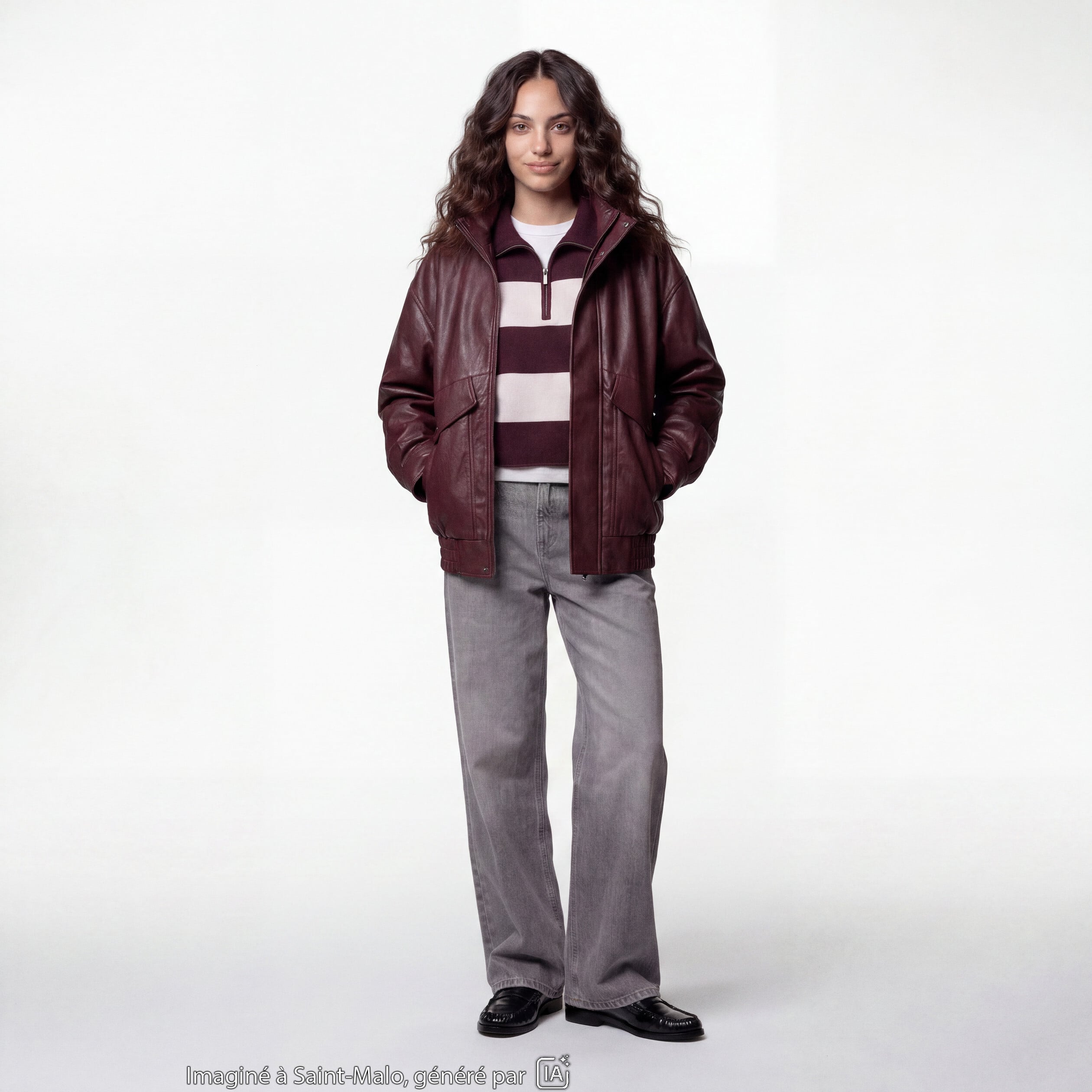Veste oversize similicuir col biker bordeaux