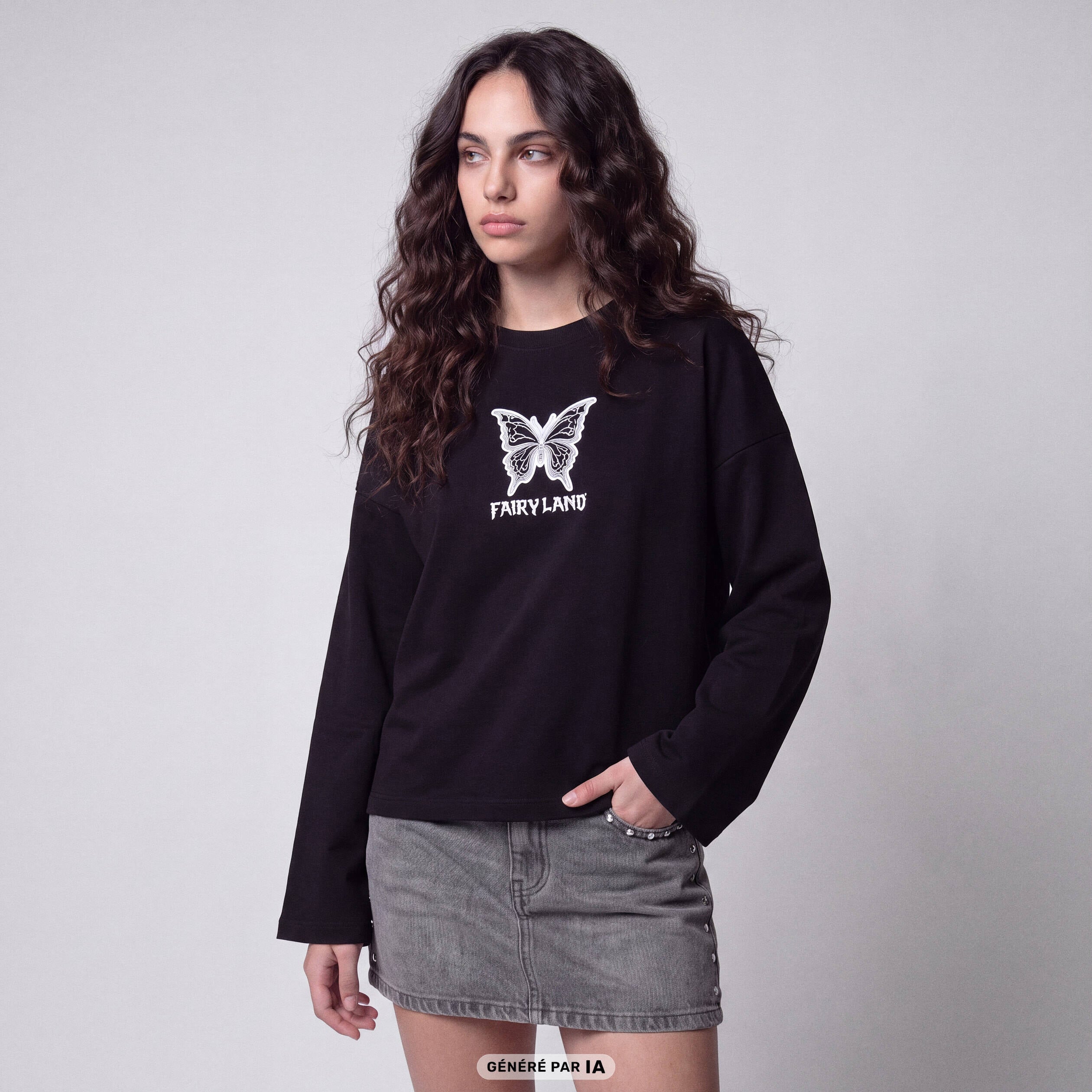 T-shirt ample col rond manches longues noir