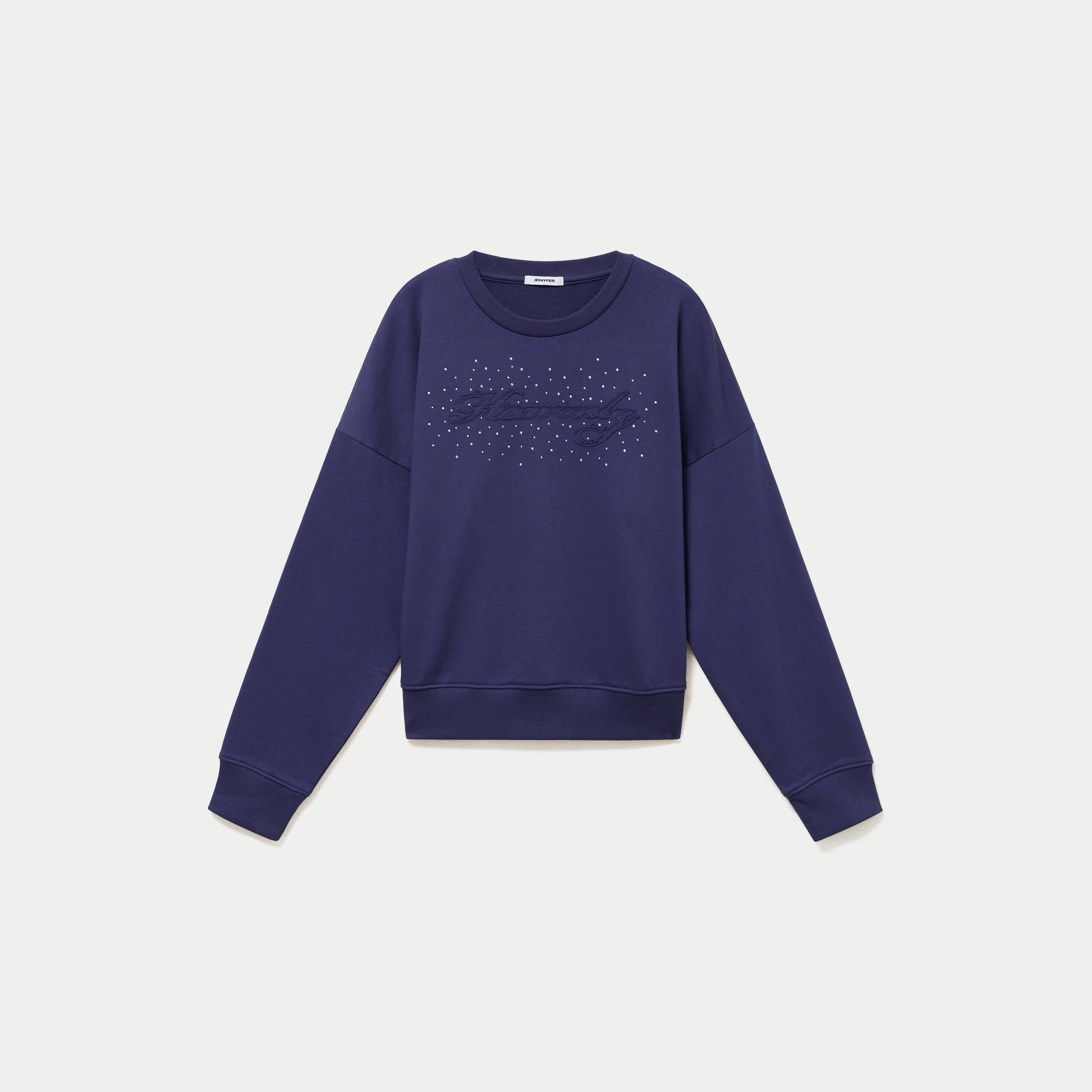 Sweat col rond manches longues strass bleu marine