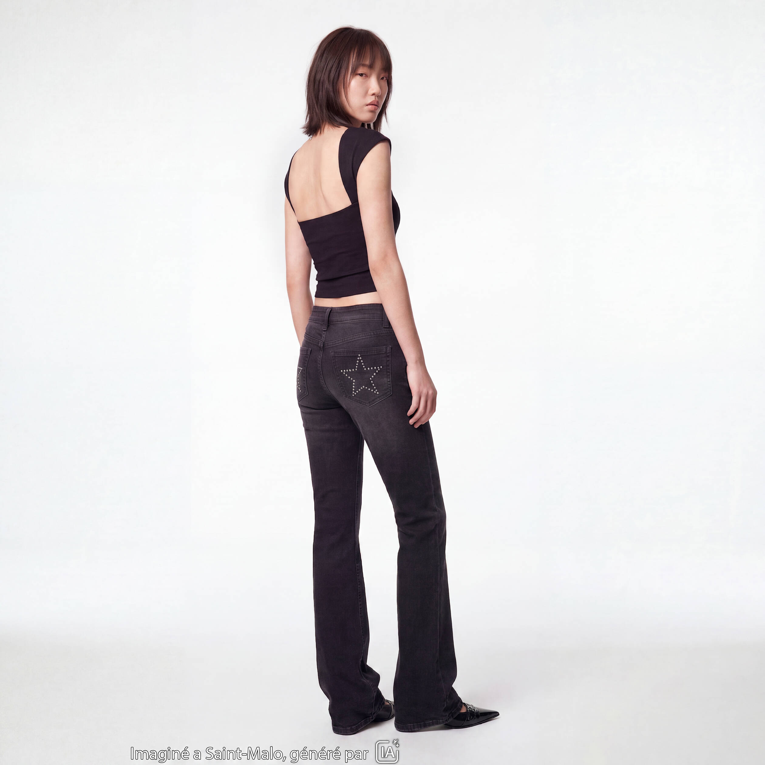 Jean bootcut taille basse denim noir ado