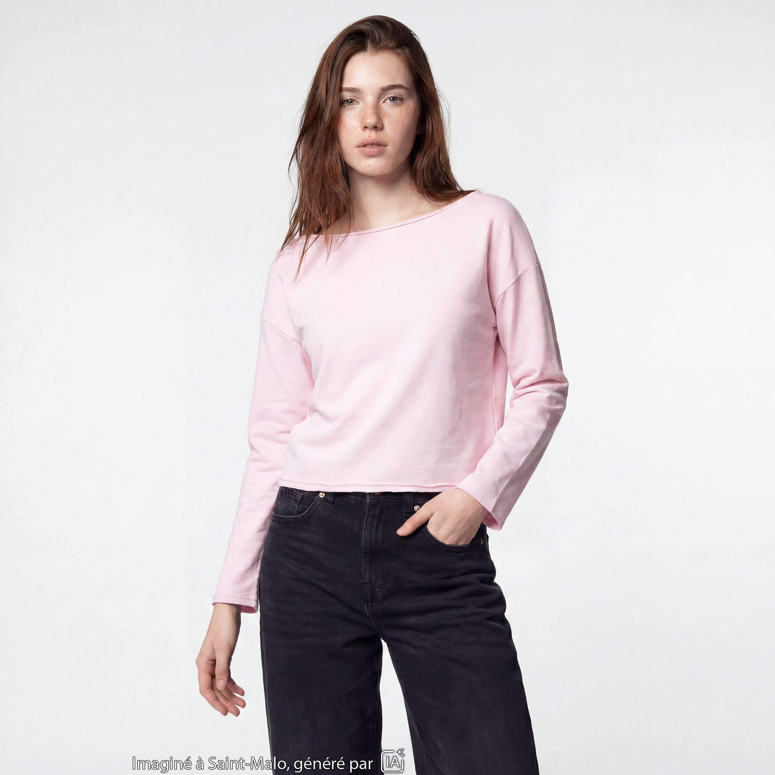 Sweat oversize cropped col bateau rose clair