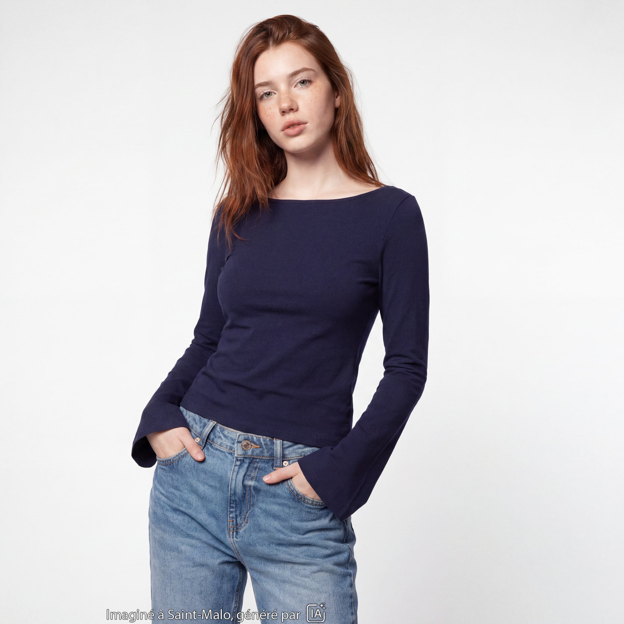 T-shirt cintr&eacute; col rond manches longues bleu marine