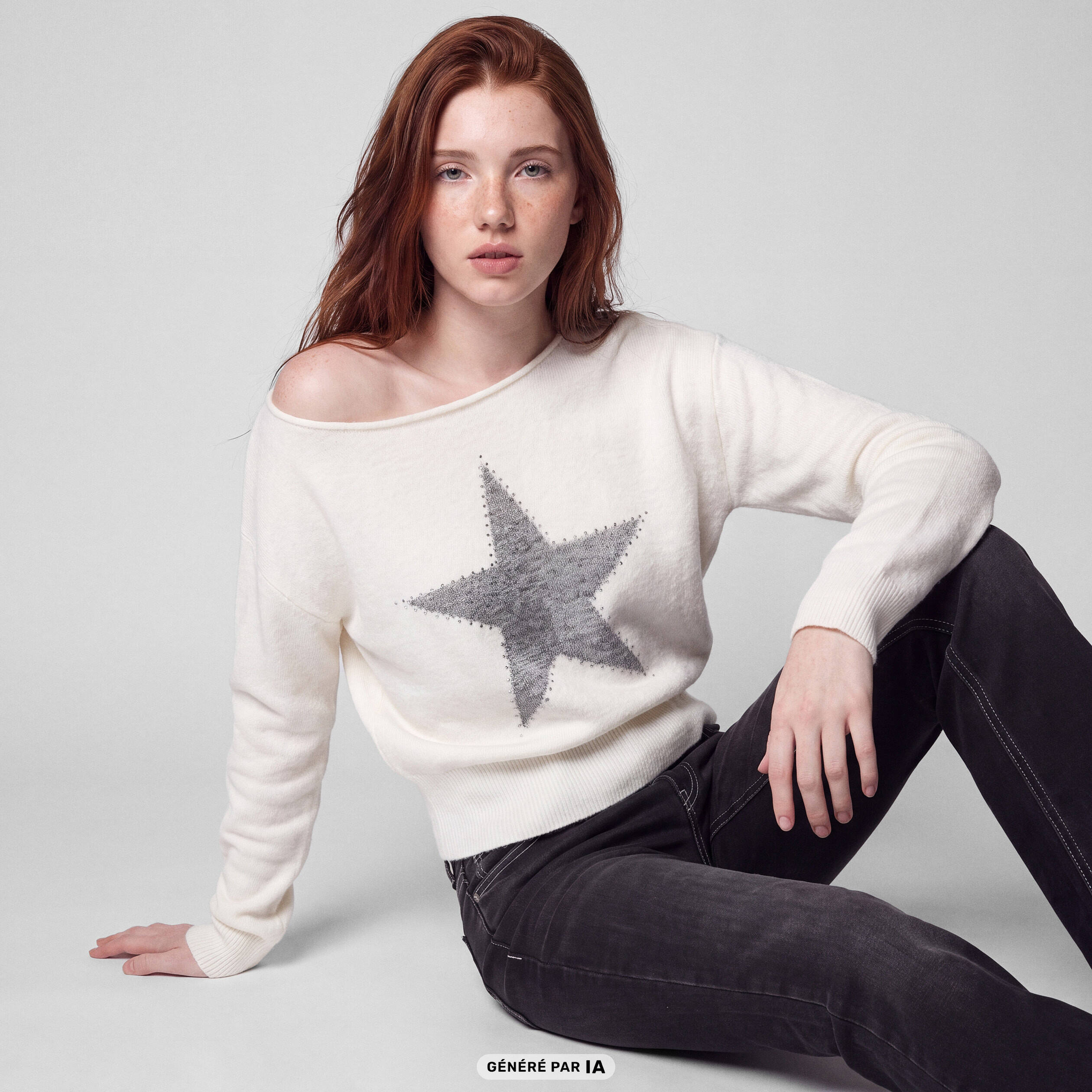 Pull col bateau manches longues strass ecru