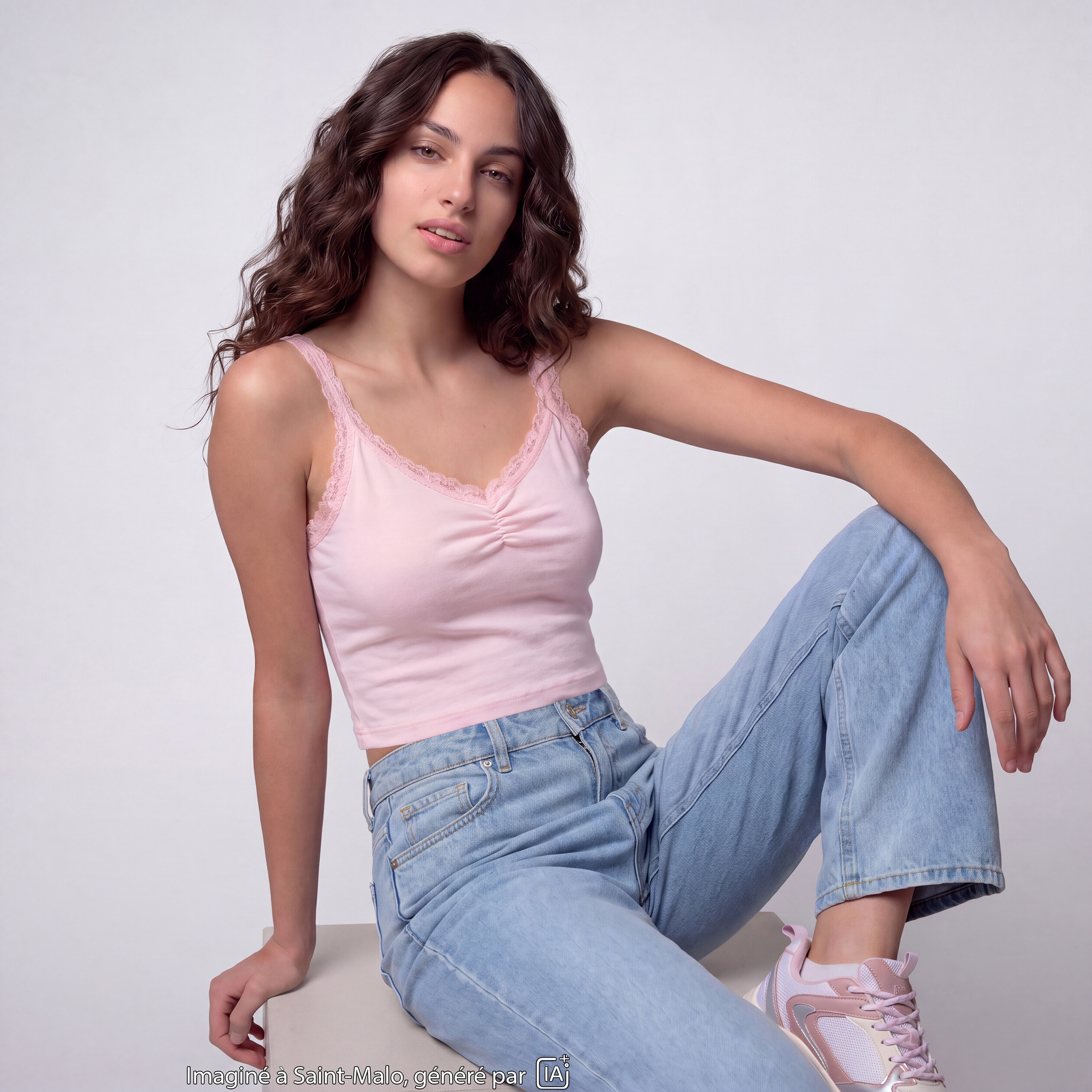 D&eacute;bardeur ajust&eacute; d&eacute;collet&eacute; dentelle rose clair