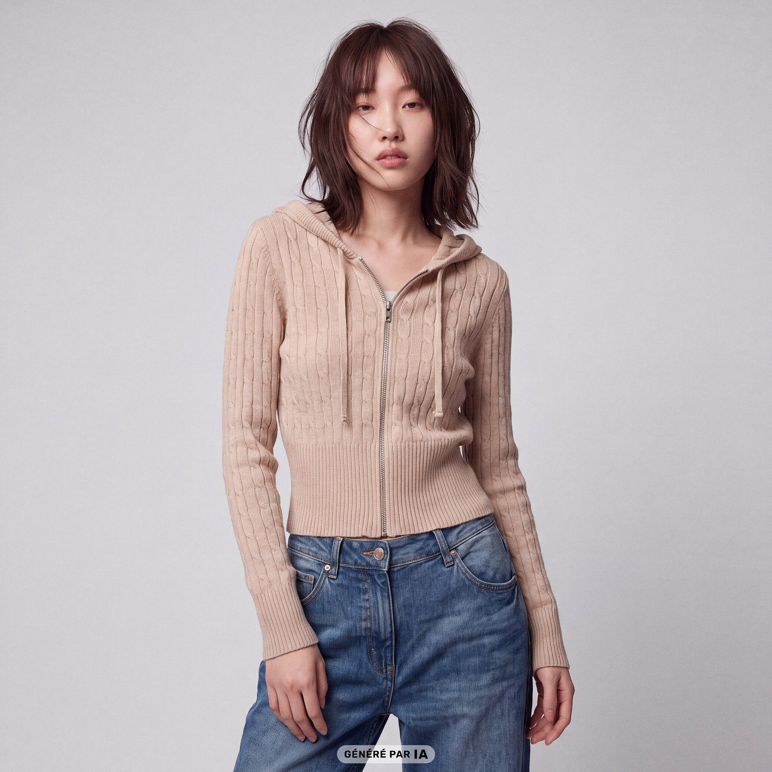 Gilet &agrave; capuche manches longues beige