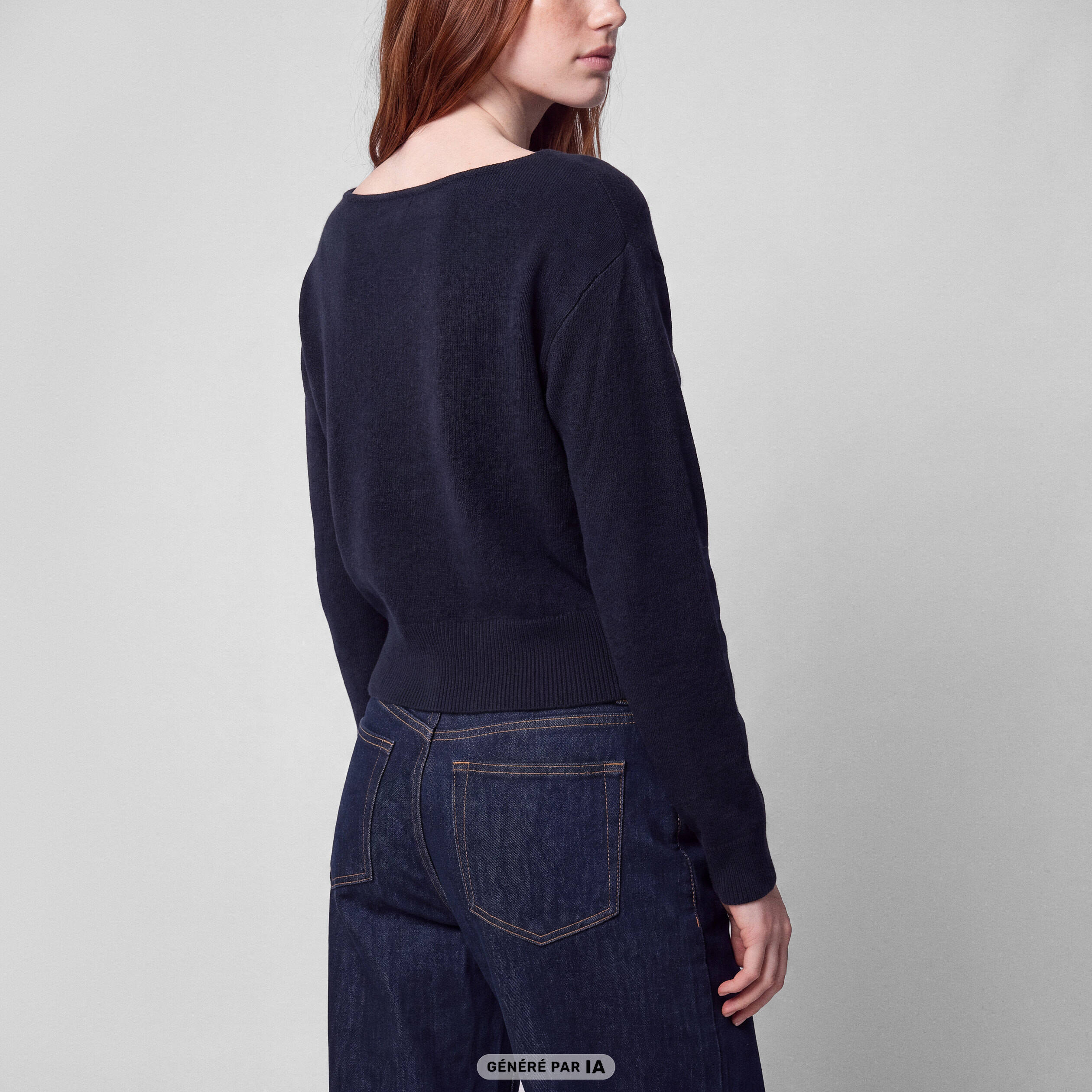Pull col bateau manches longues strass bleu marine