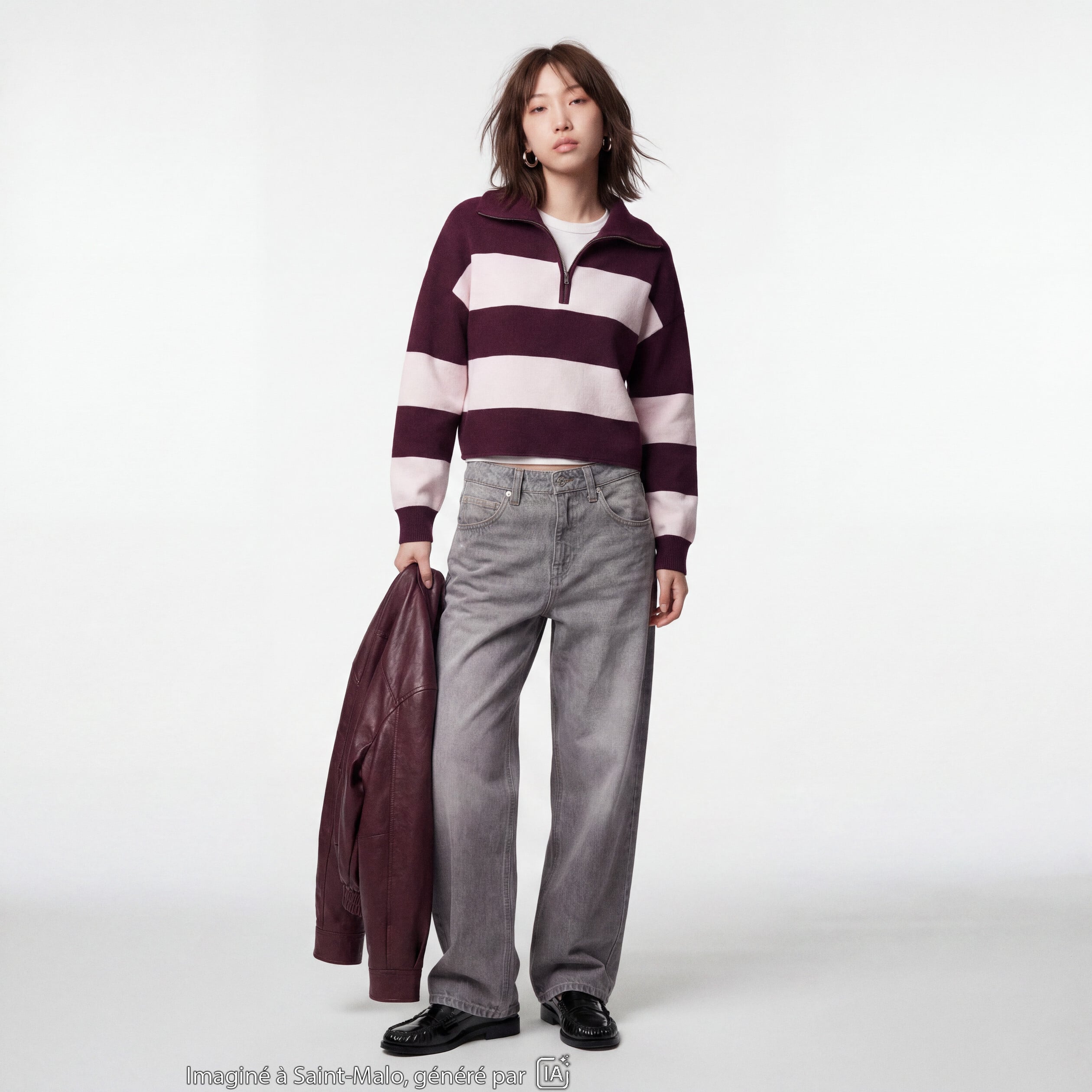 Pull col camionneur manches longues bordeaux